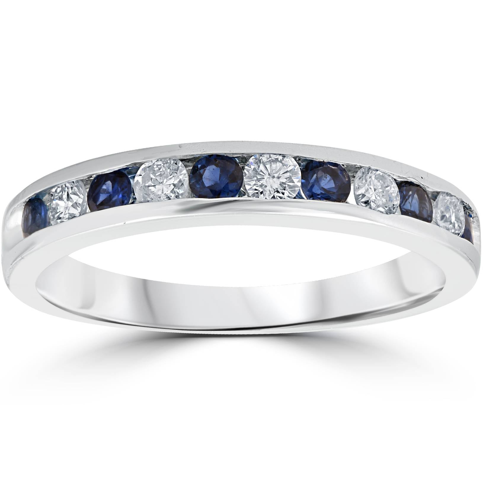 3/4ct Blue Sapphire & Diamond Channel Set Ring 14K White Gold