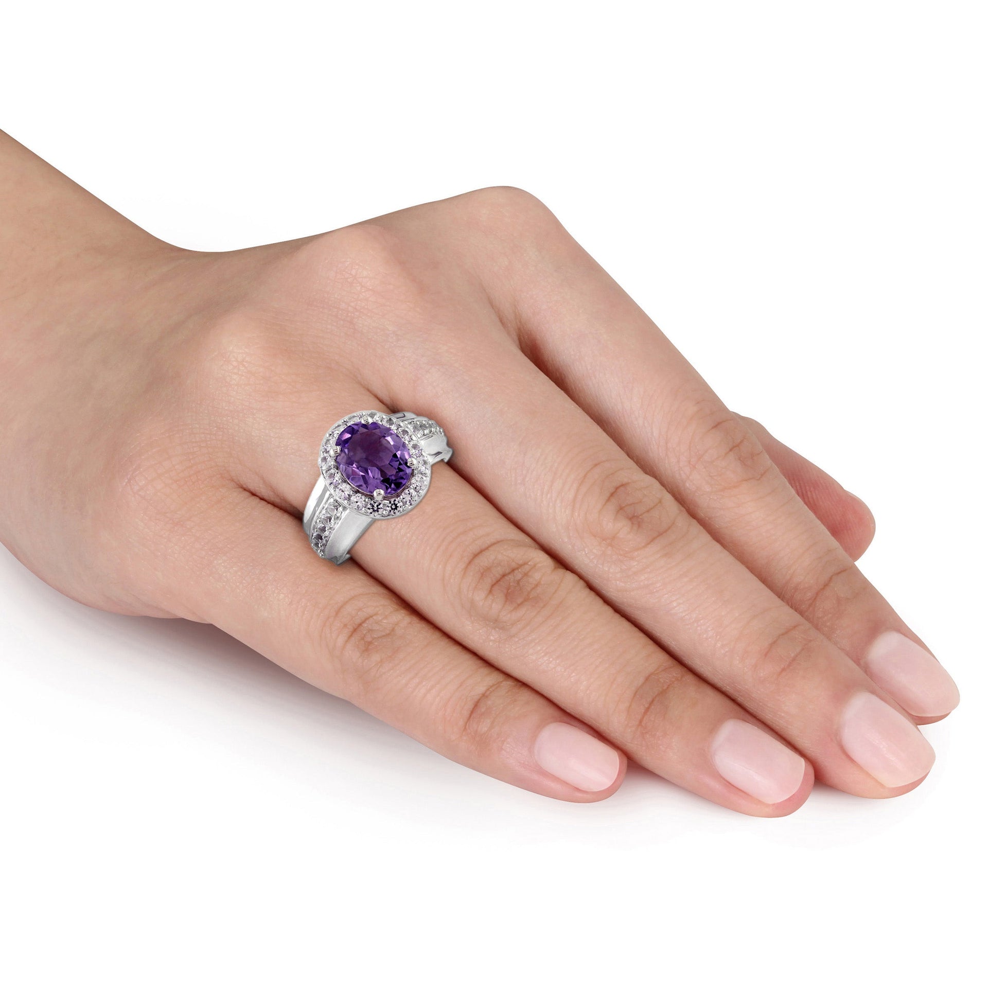 3 3/4 ct TW Oval Cut Amethyst and Created White Sapphire Halo Ring in Sterling Silver