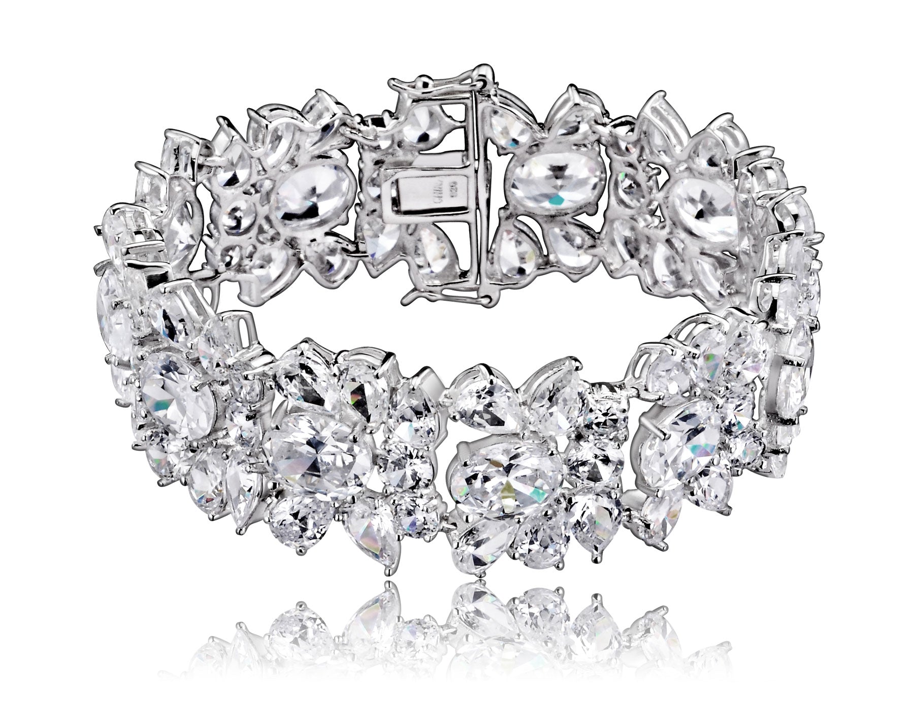 Sterling Silver Cubic Zirconia Wide Floral Bracelet
