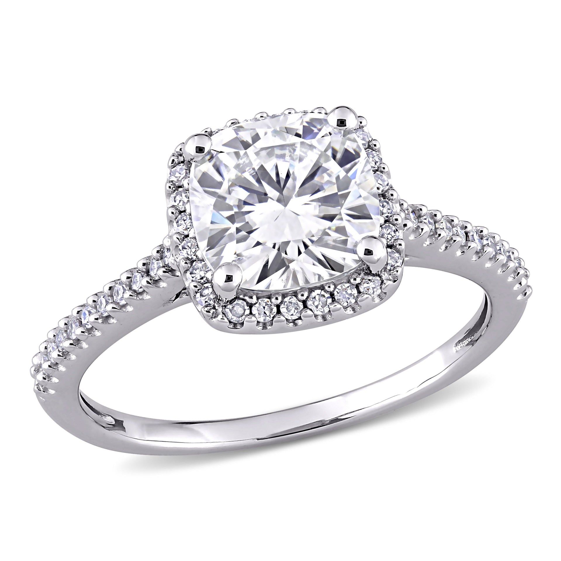 Mimi & Max 2ct DEW Cushion Created Moissanite and 1/4ct TW Diamond Halo Engagement Ring in 14k White Gold