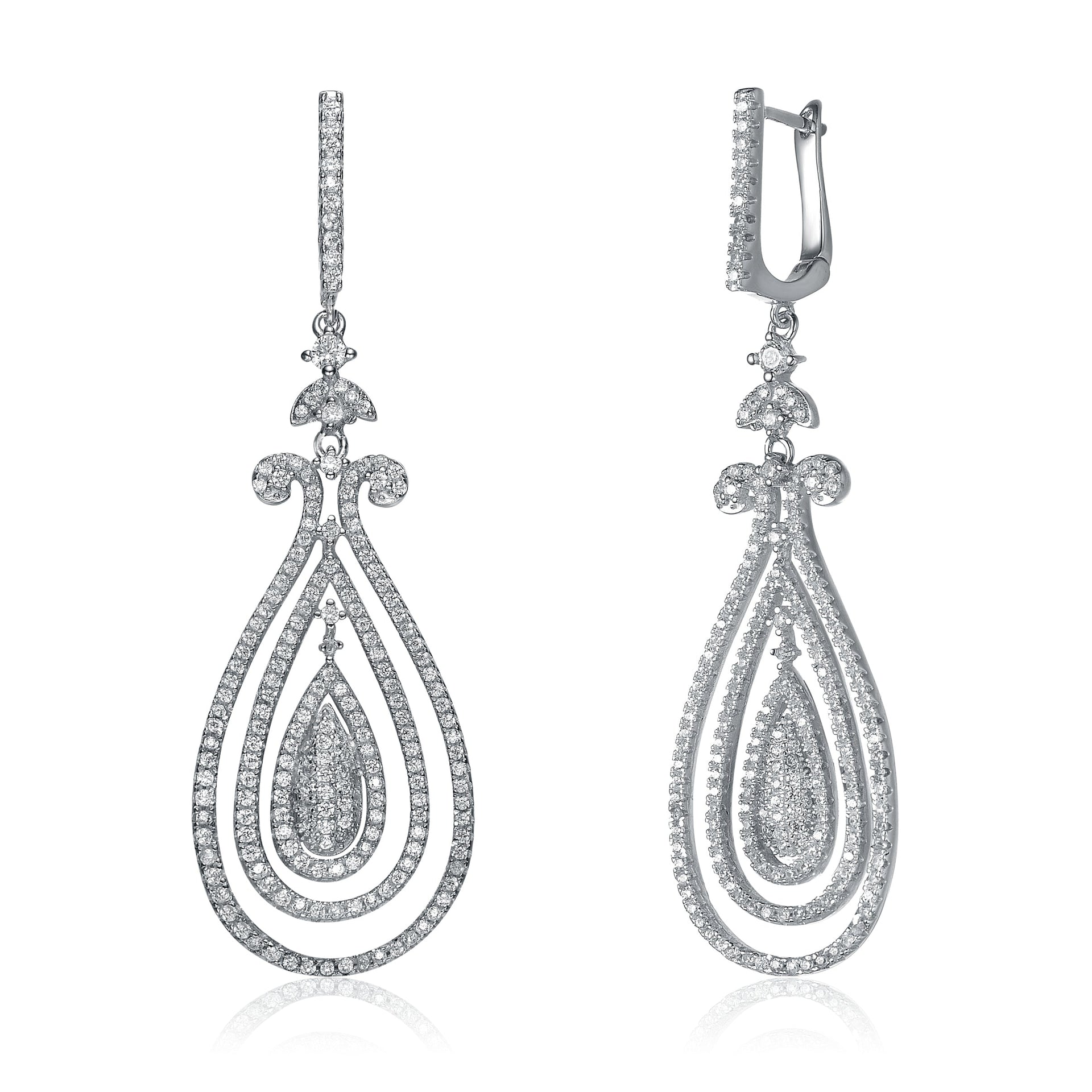 Cz Ss Rhodium Plated Triple Outlined Teardrop Earrings