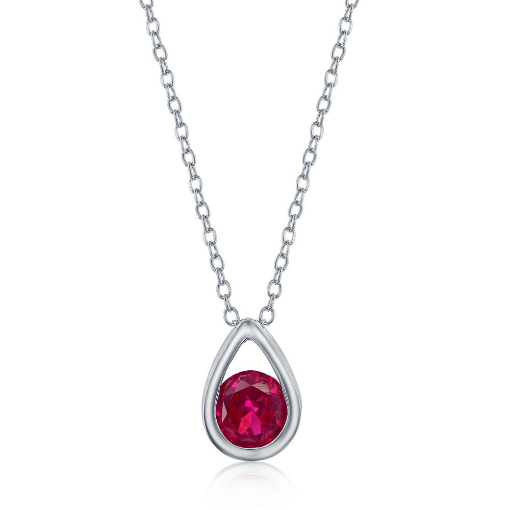 Sterling Silver Pearshaped Necklace w/Round 'July Birthstone' - Ruby
