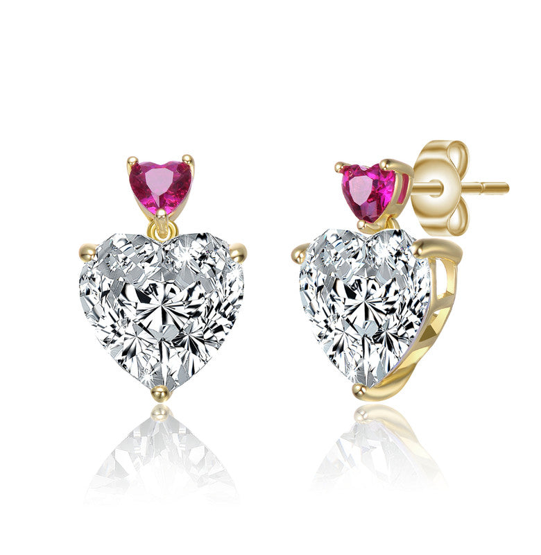 Sterling Silver 14k Gold Plated With Colored Cubic Zirconia Two-stone Heart Dangle Earrings