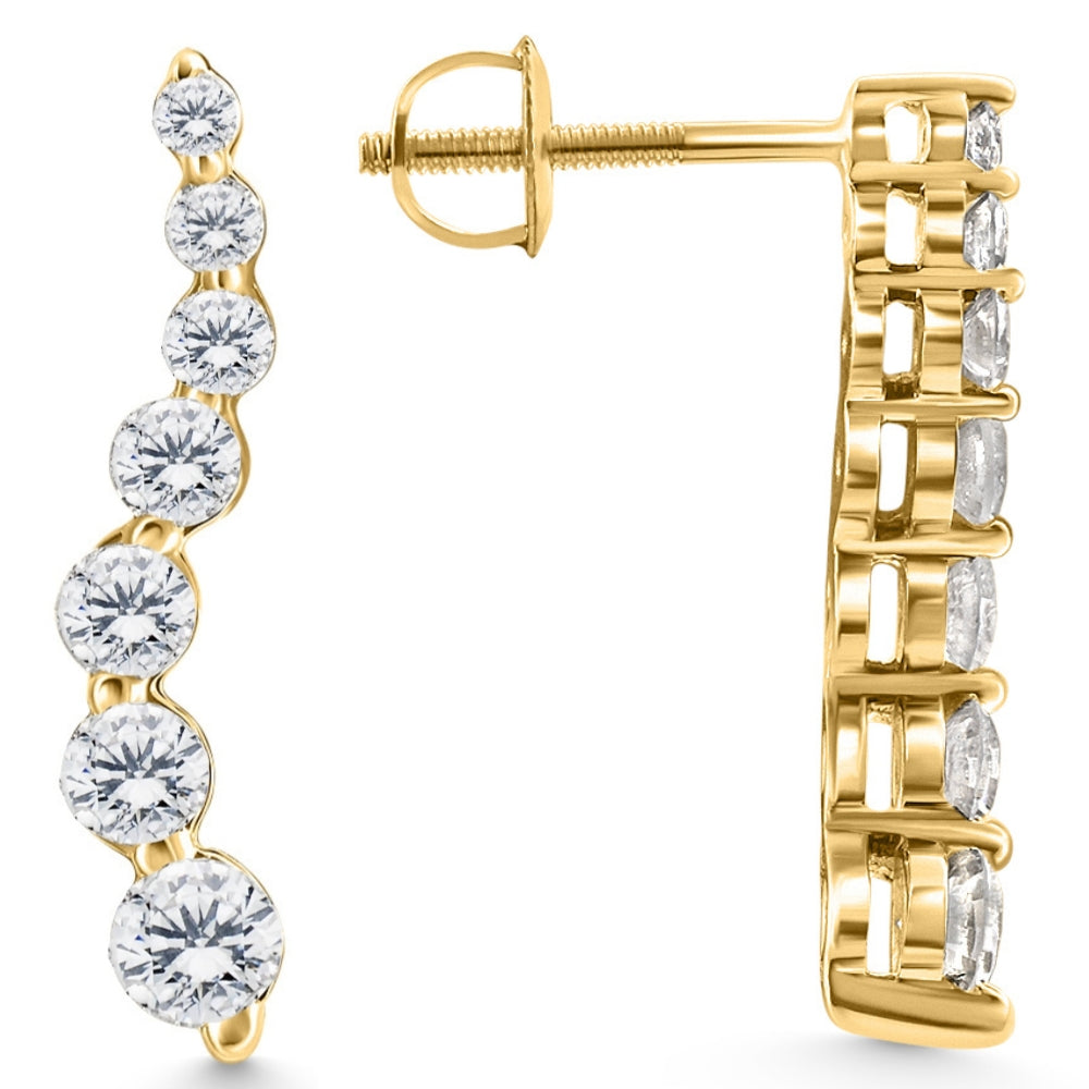 1Ct Natural Diamond Journey Earrings 7-Stone 14k Gold 1' Tall Screw Back Studs
