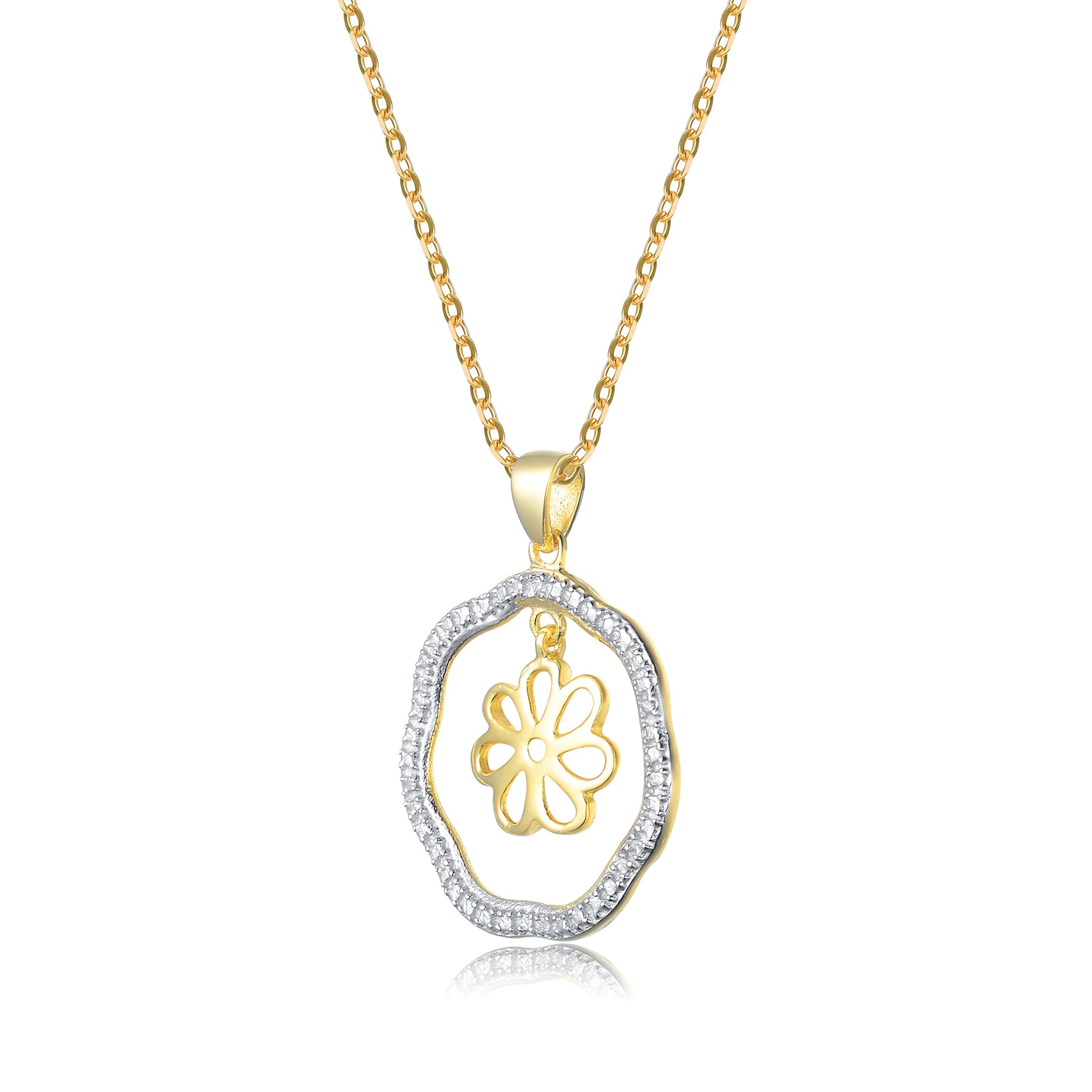 Sterling Silver Cubic Zirconia Two Tone Outlined Flower Pendant