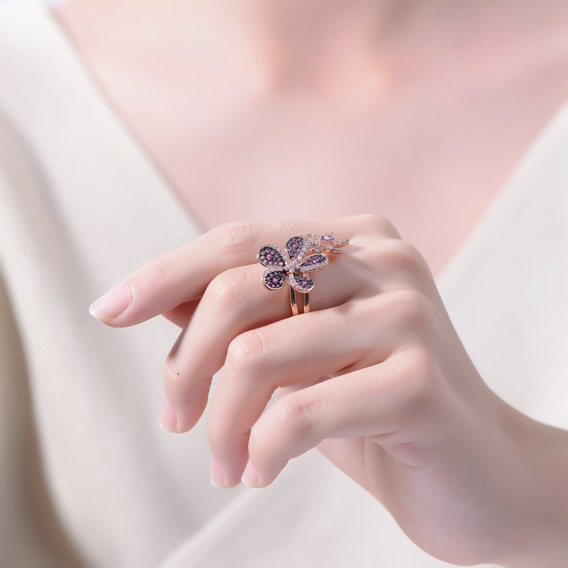 Sterling Silver Rose Gold And Black Plated Multi Colored Cubic Zirconia Floral Ring