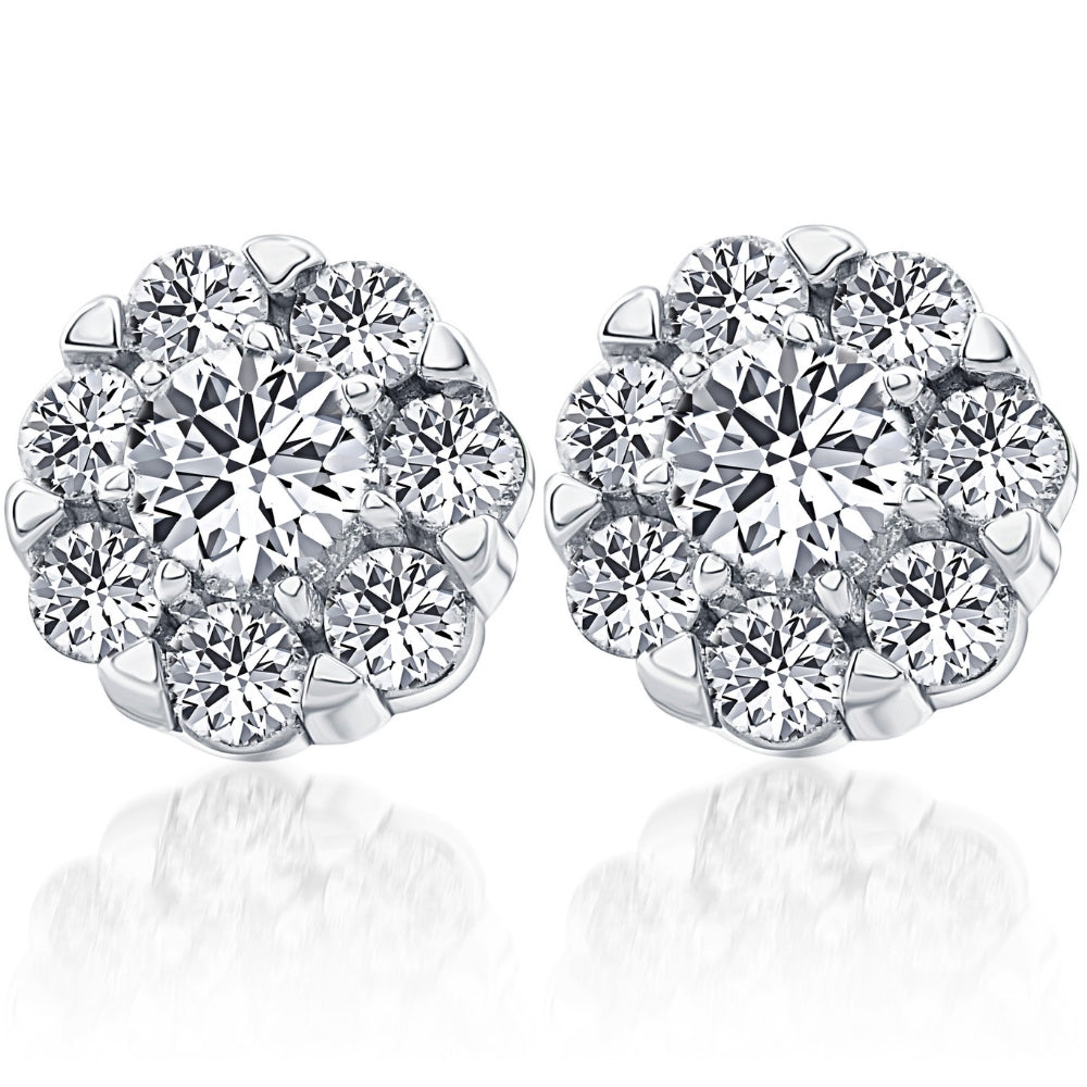 1ct Pave Halo Fire Diamond Studs 14k White Gold