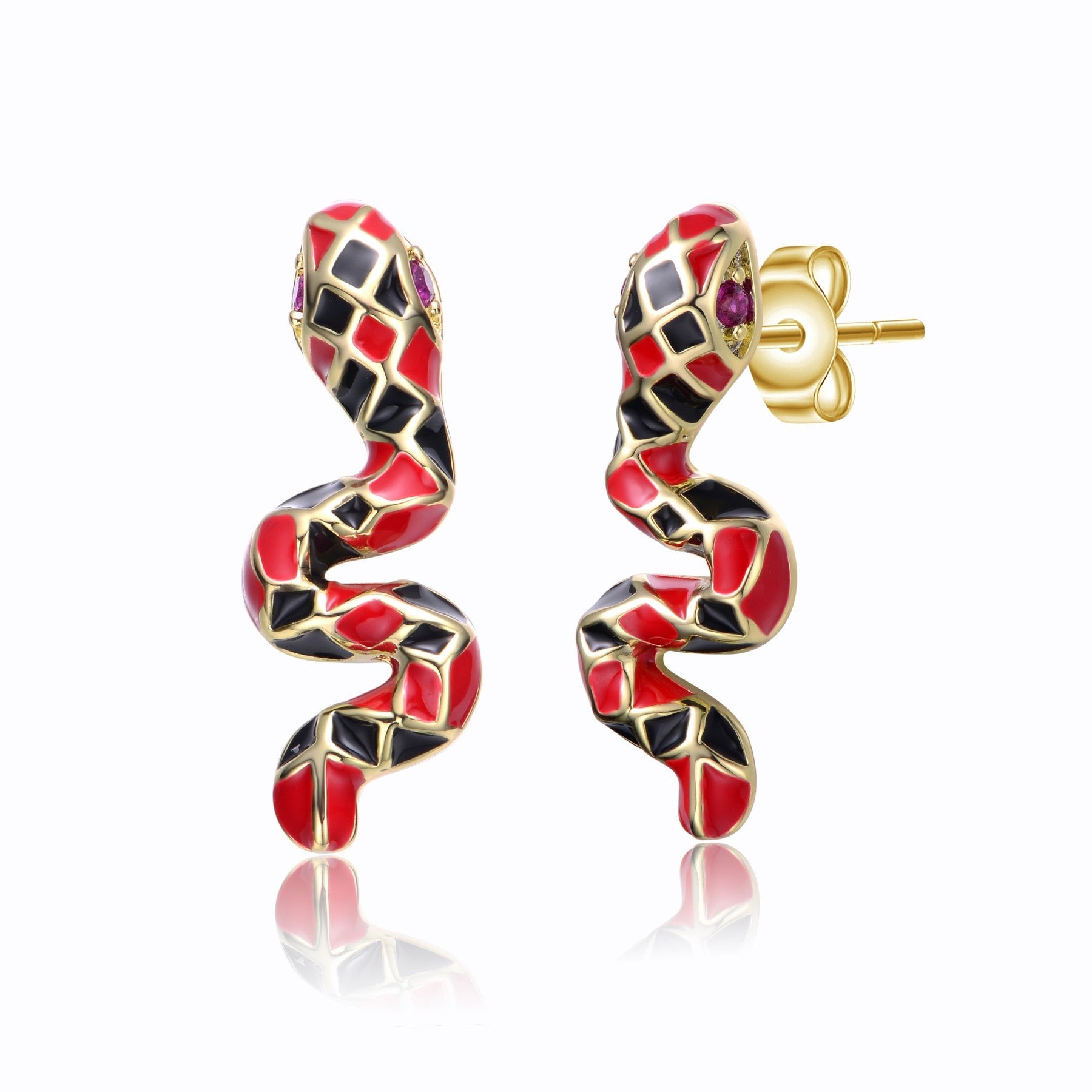 RG 14k Yellow Gold Plated with Ruby Cubic Zirconia Black & Red Enamel 3D Slithering Curling Snake Earrings
