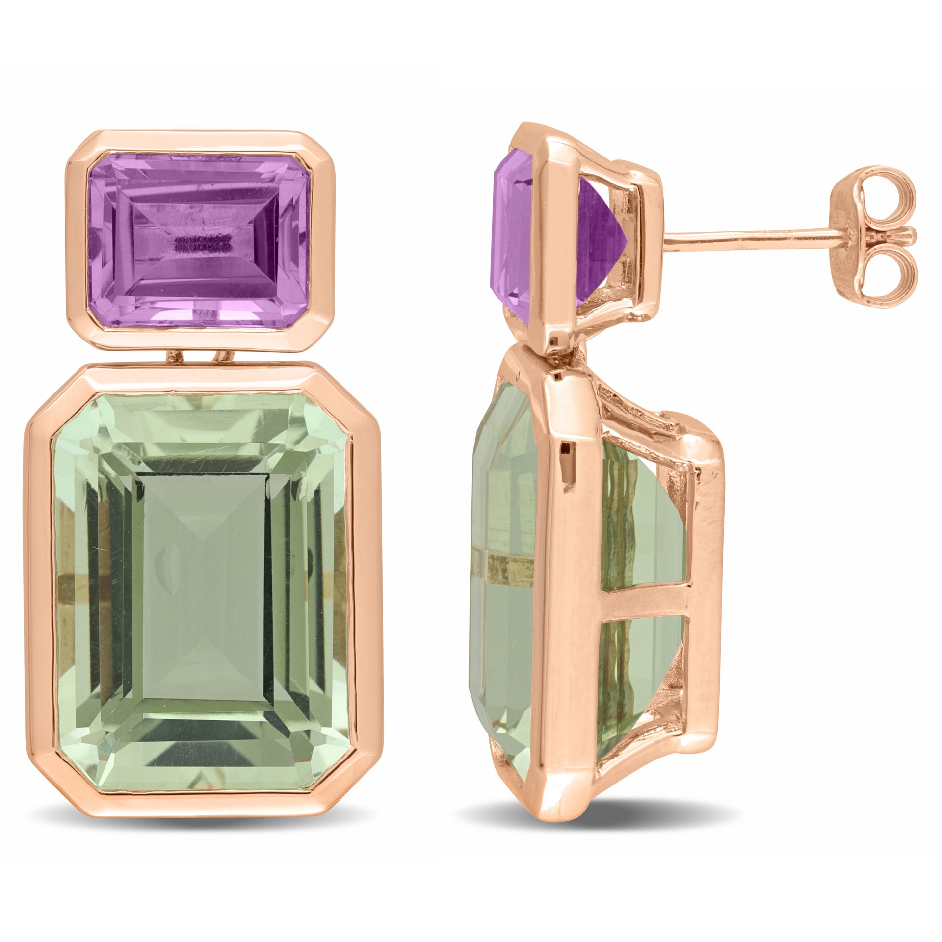 Mimi & Max Womens 28ct TGW Octagon-Cut Rose De France and Octagon-Cut Green Quartz Two Stone Earrings in Rose Plated Sterling Silver
