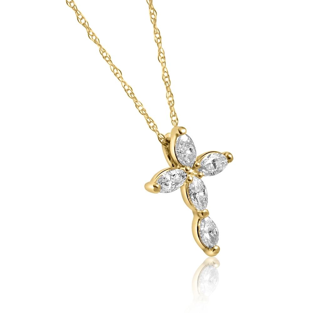 1/2 CT Marquise Diamond Cross Petite Pendant Yellow Necklace Gold (1/2 inch tall)