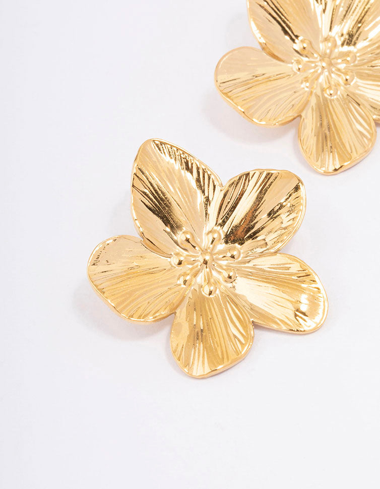 Lovisa Waterproof Gold Plated Stainless Steel Textured Flower Stud Earrings | Premium Gold PVD Plated | Hypoallergenic | Long Lasting Brilliance