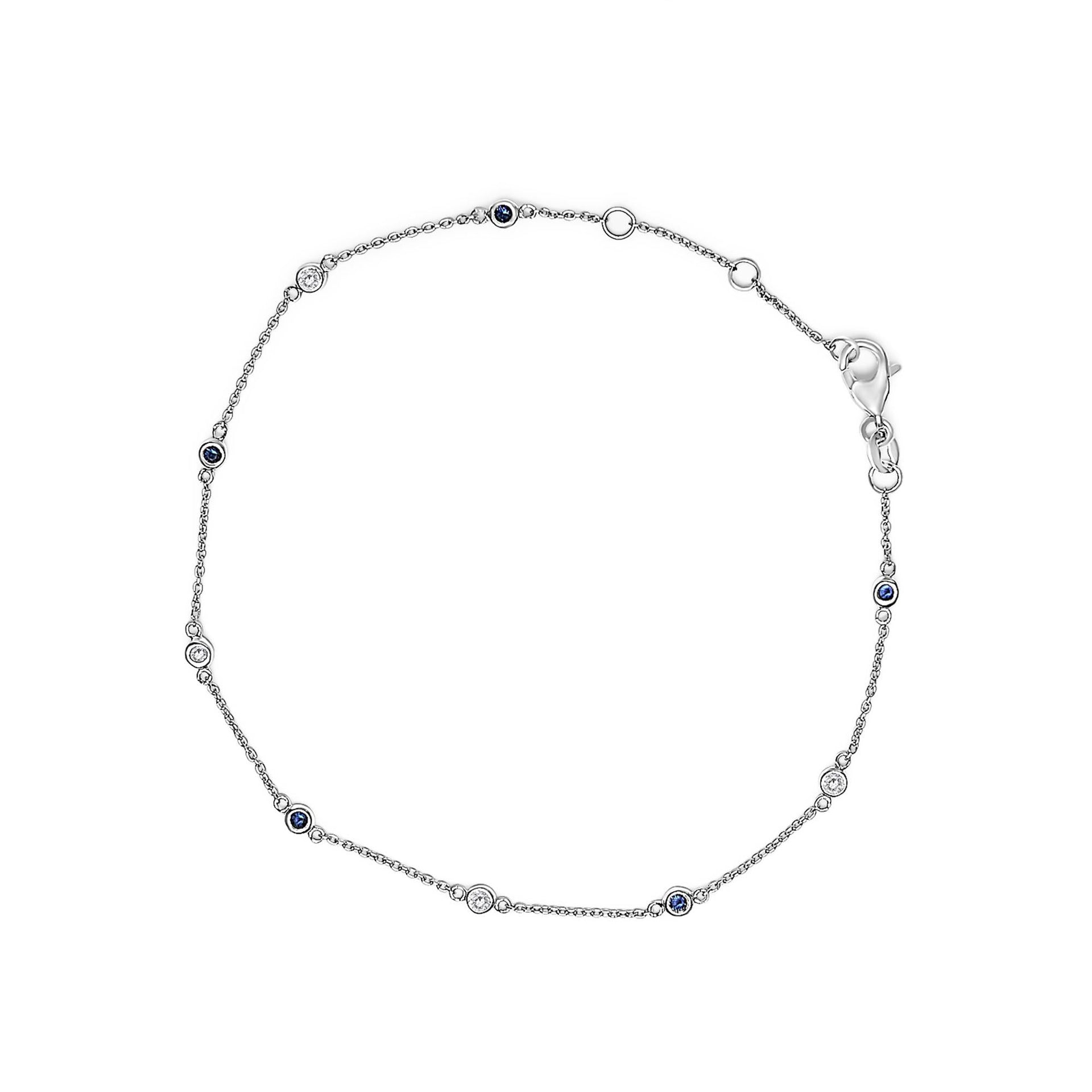 14K White Gold Alternating Blue Sapphire and White Diamond Bezel Station Chain Bracelet (I-J Color, SI2-I1 Clarity) - 8' Inches