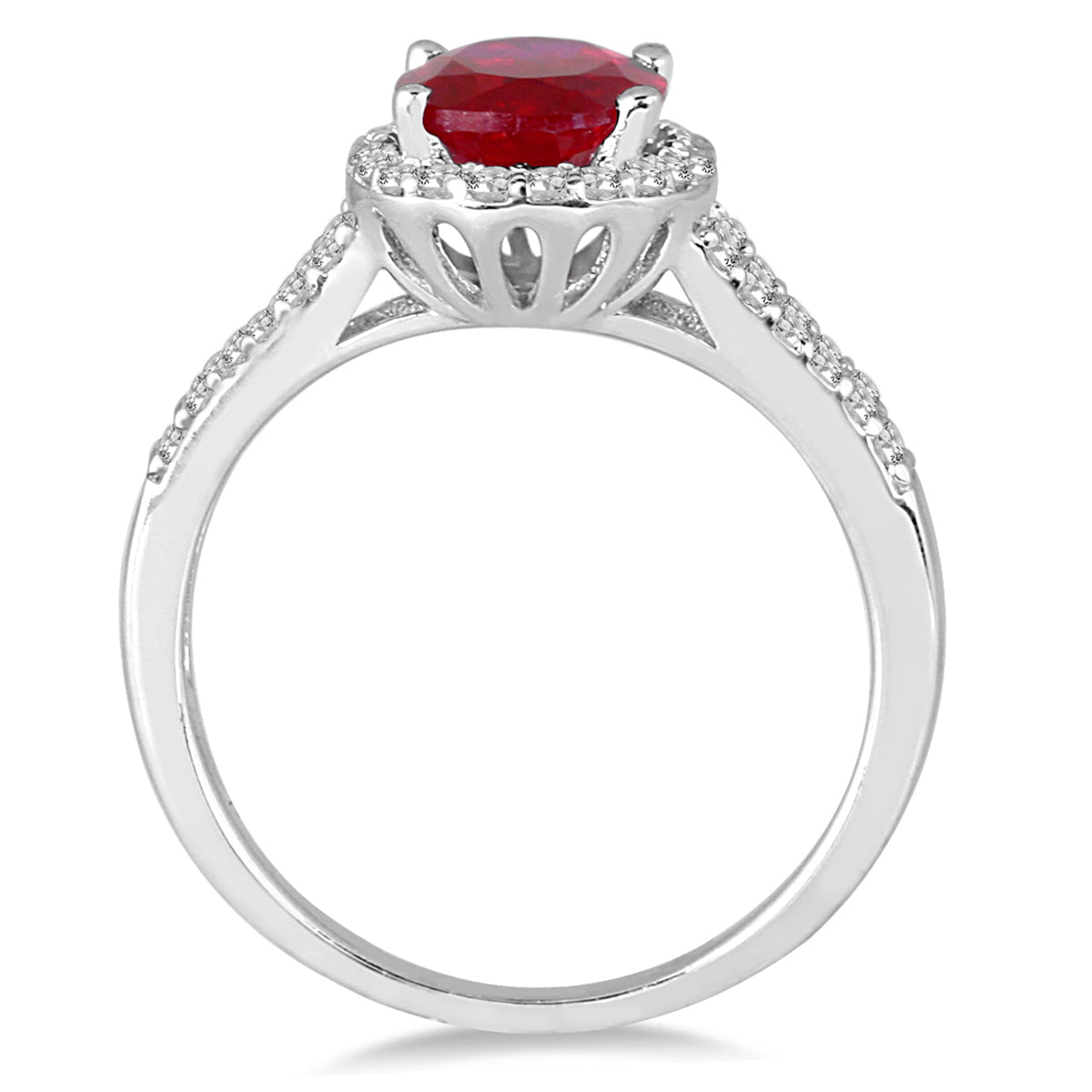 Split Shank Ruby And Diamond Halo Ring In 14K White Gold