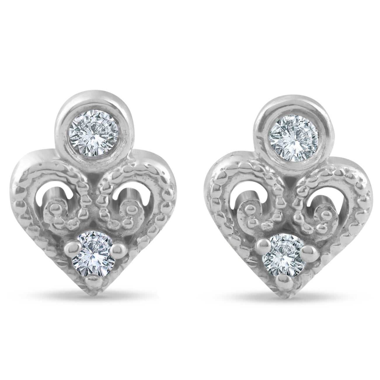 Vintage Diamond Heart Studs Petite 14k White Gold
