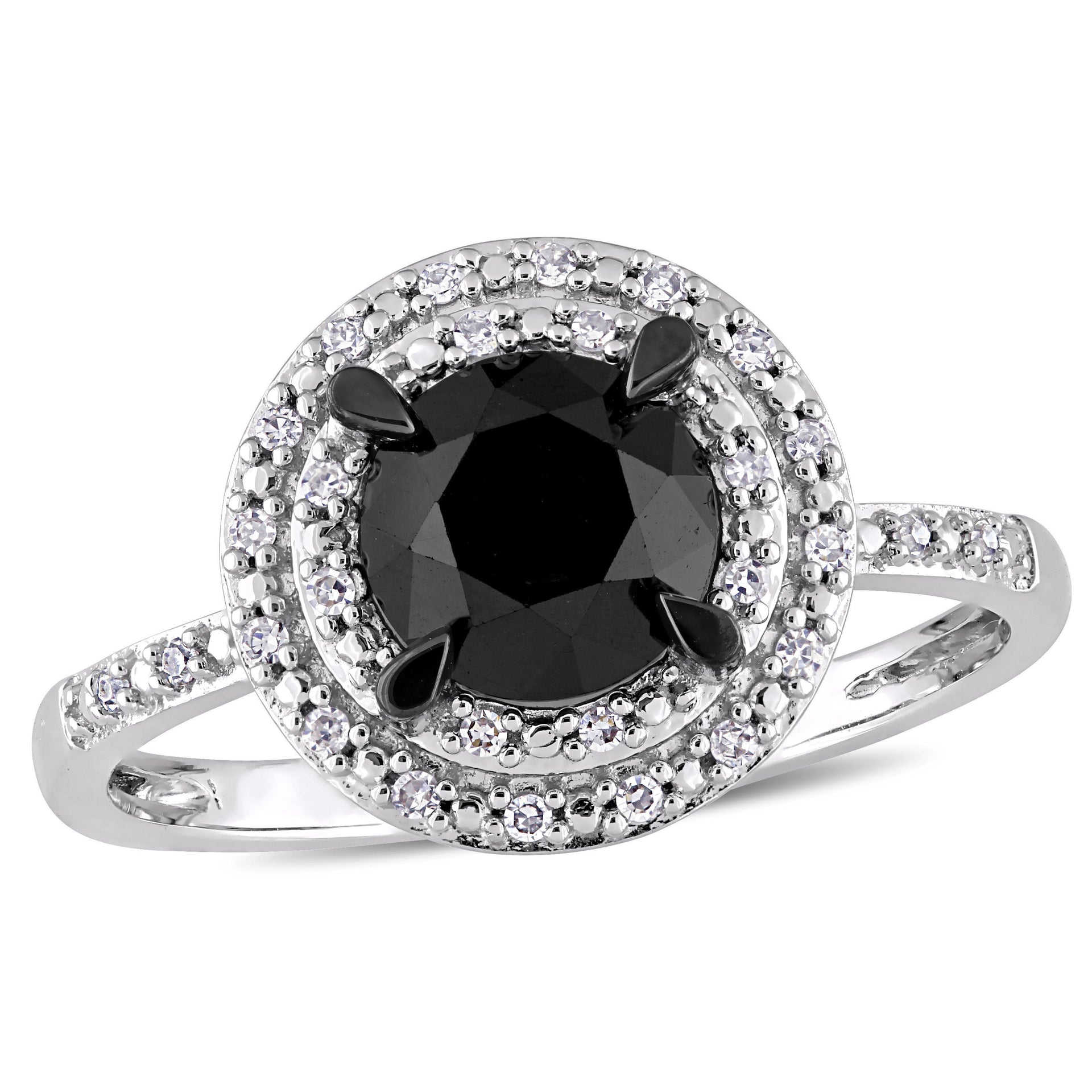 Mimi & Max 1 5/8ct TW Black White Diamond Double Halo Ring 14k White Gold