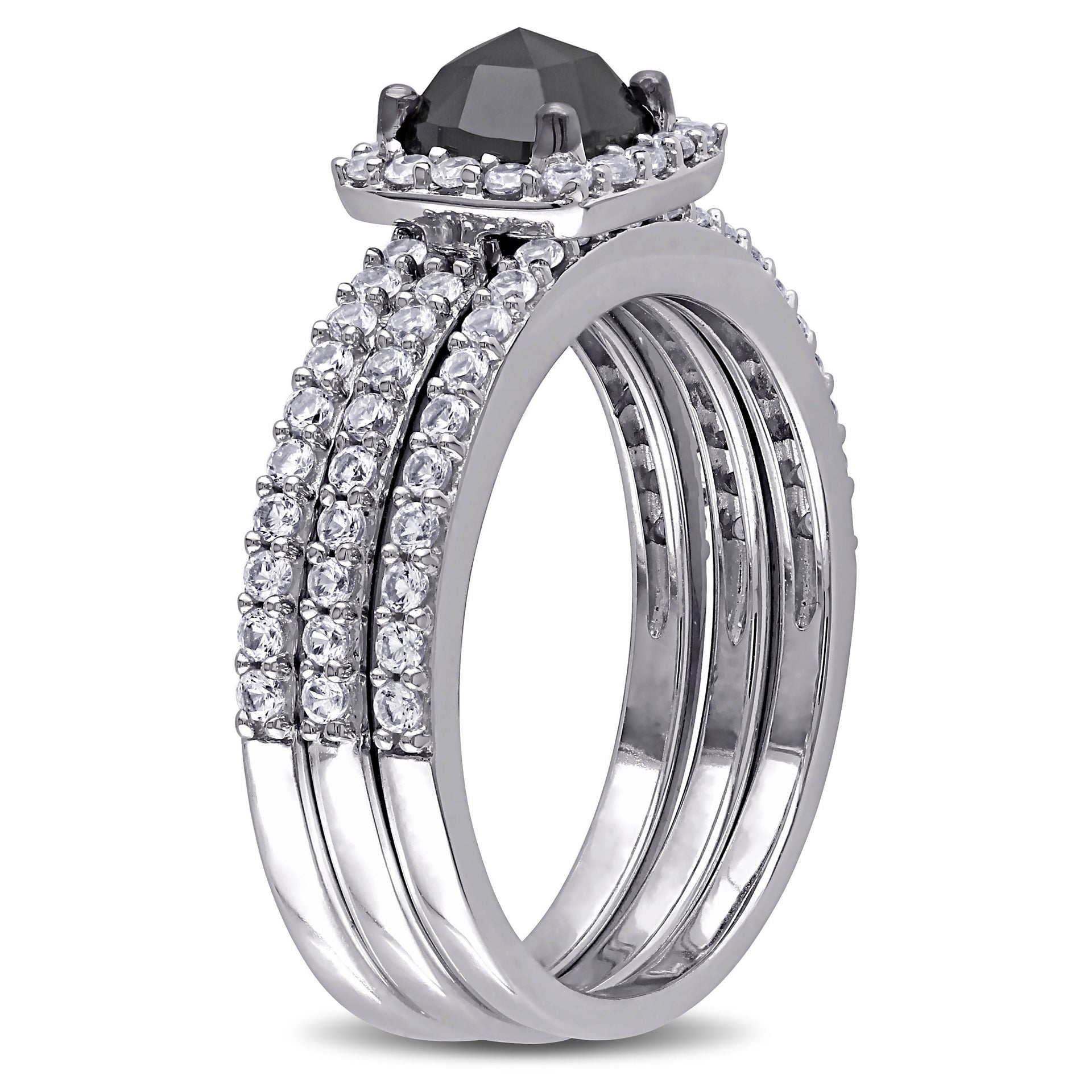 Mimi & Max 3/4ct TW Black Cushion Cut Diamond Created White Sapphire Bridal Set 10k White Gold
