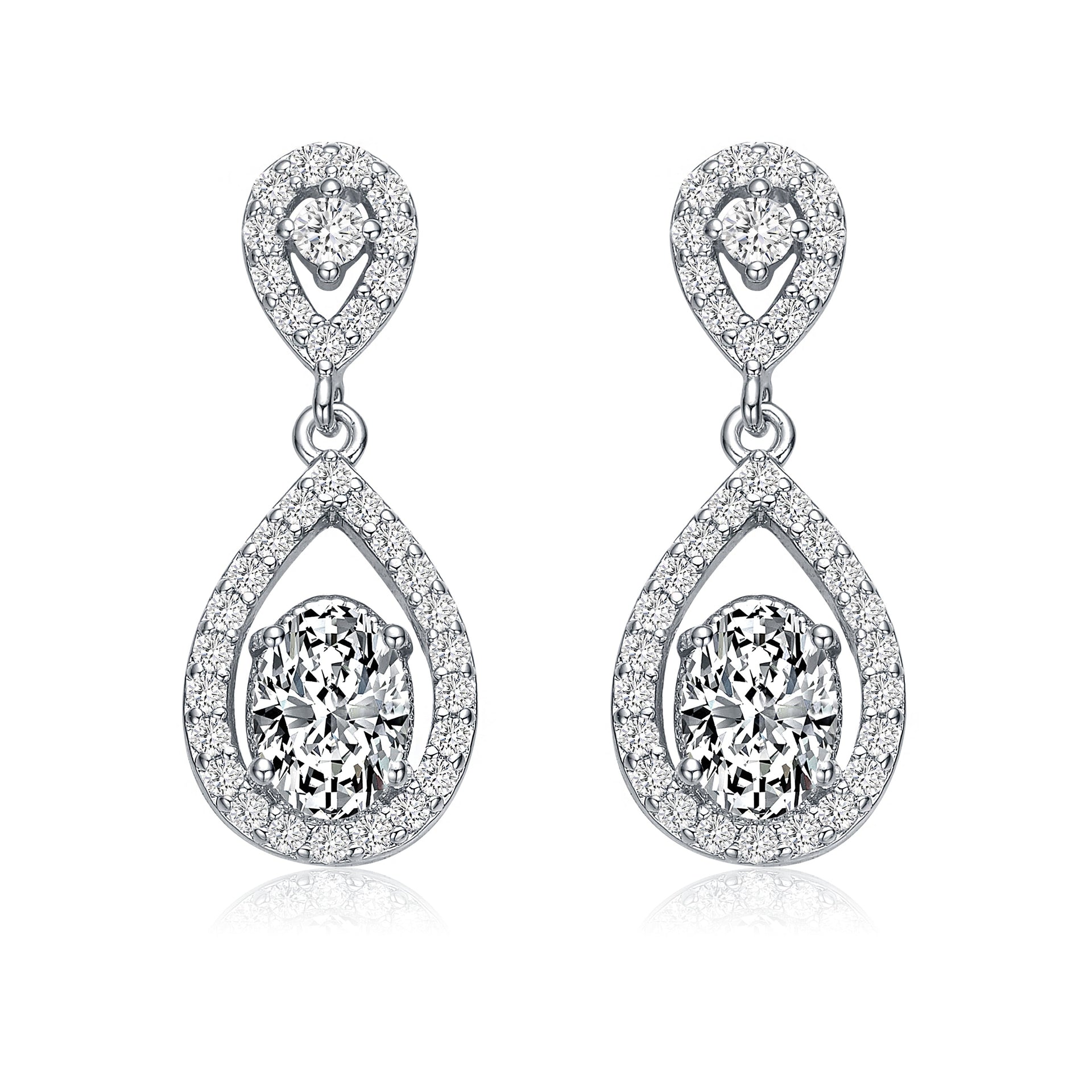 Sterling Silver Cubic Zirconia Halo Two Pear Drop Earrings