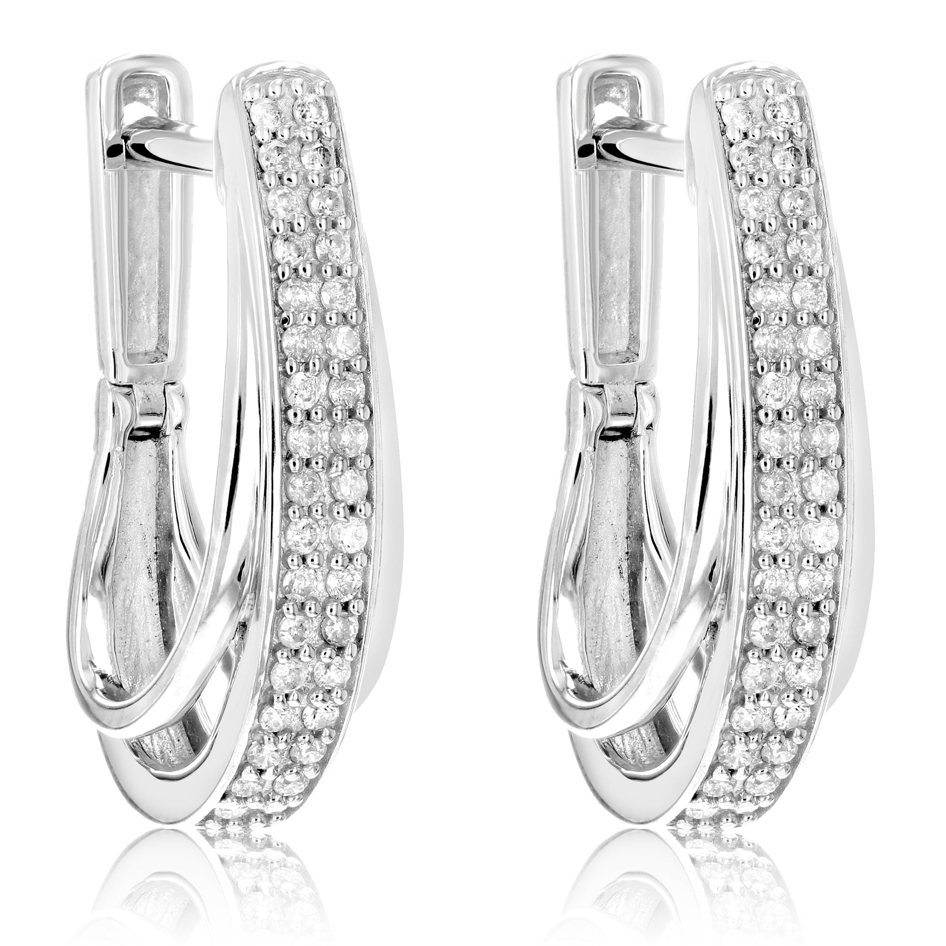 1/4 cttw Diamond Hoop Earrings .925 Sterling Silver 60 Stones Dangle 3/4 Inch