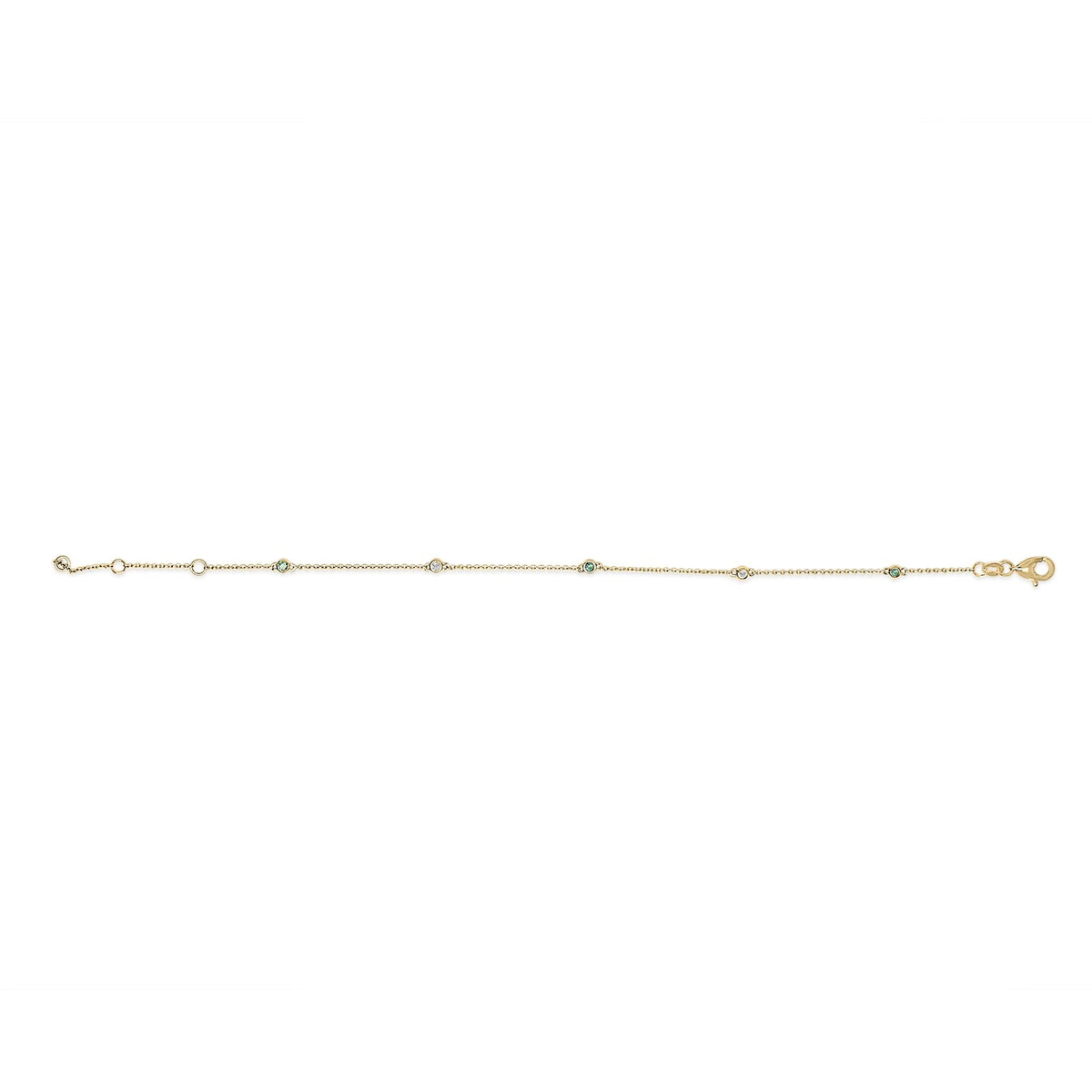 14K Yellow Gold Alternating Green Emerald and Diamond Bezel Station Chain Bracelet - Size 7.5 inch