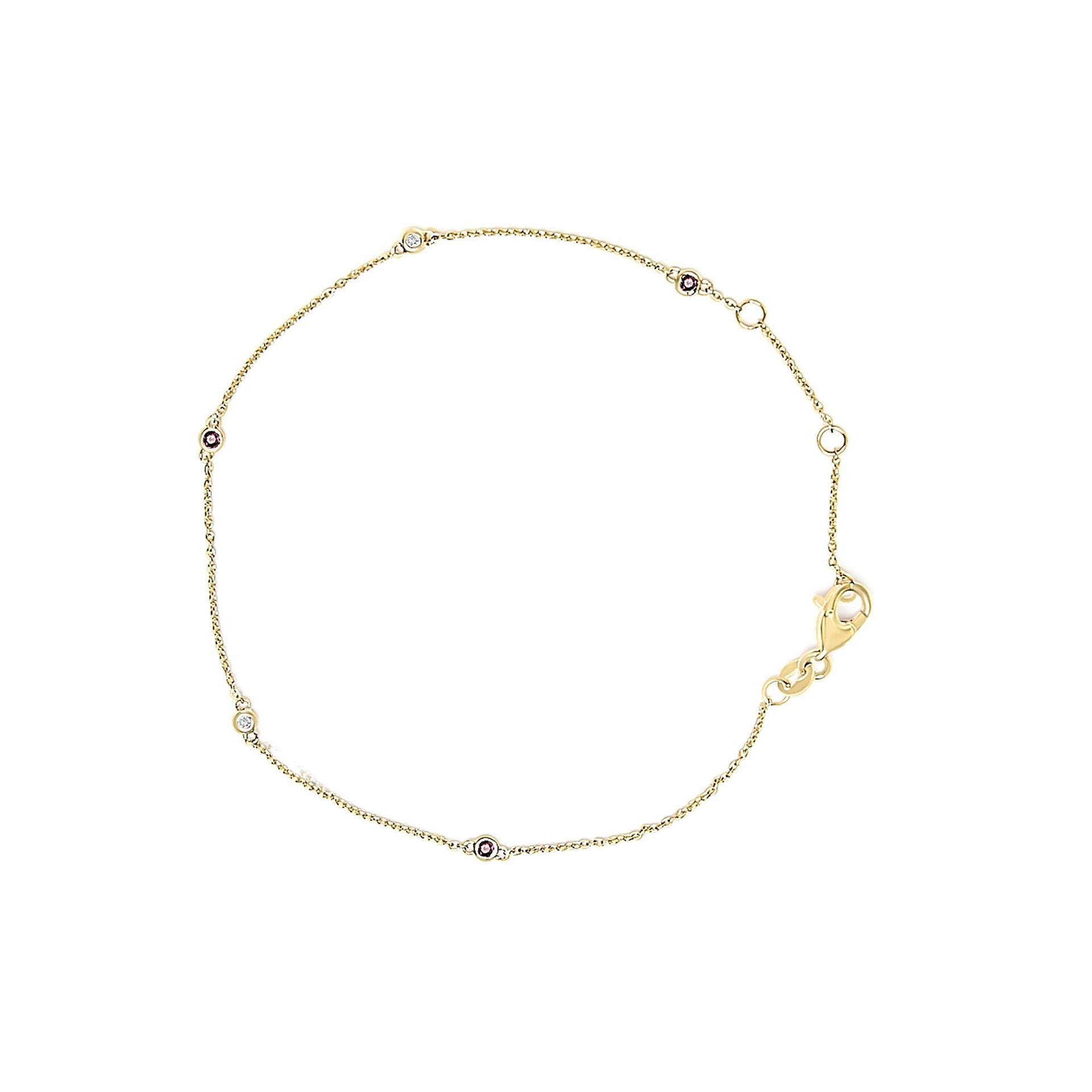 14K Yellow Gold Alternating Red Ruby and White Diamond Bezel Station Chain Bracelet (I-J Color, SI2-I1 Clarity) - 7.5' Inches