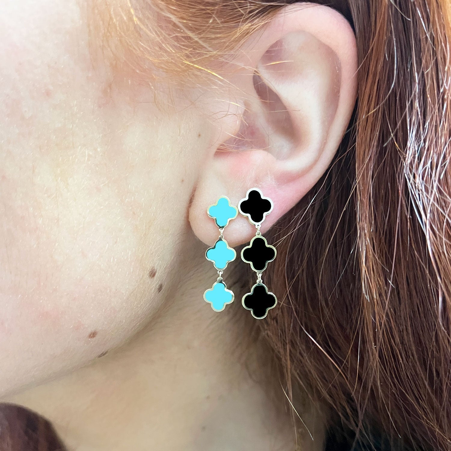 Turquoise Clover Dangle Earrings 1.25 Inches