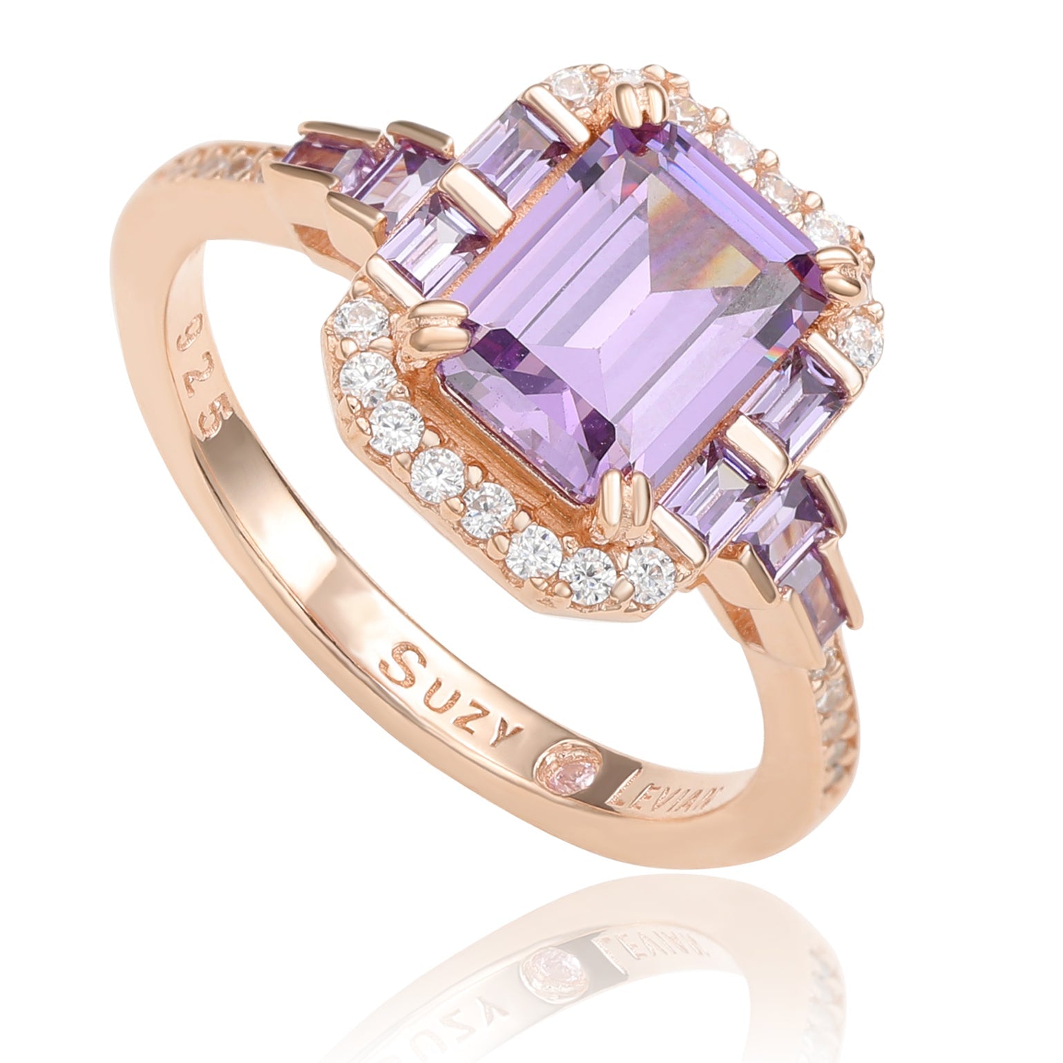 Suzy Levian Rose Sterling Silver Purple Amethyst Emerald Cut Cubic Engagement Ring
