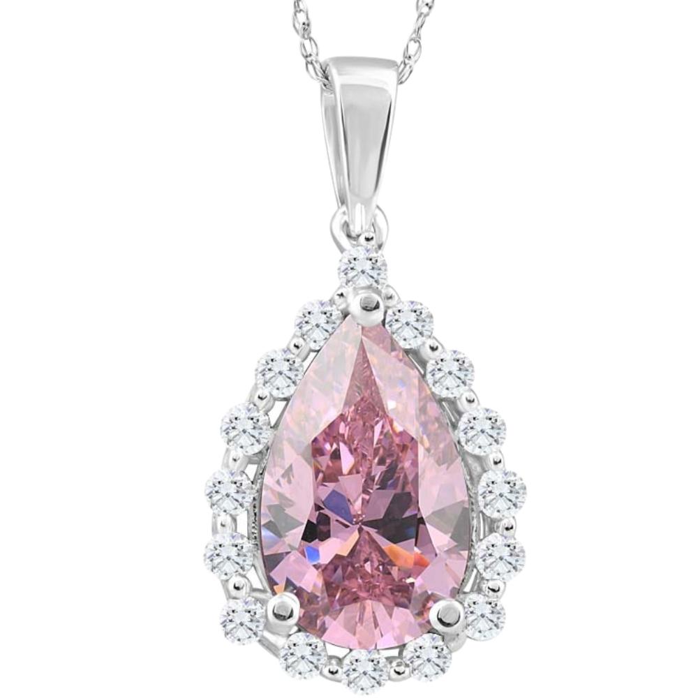 3 1/2Ct Pink Topaz & Diamond Halo Pendant 10k White Gold Womens Necklace 1' Tall