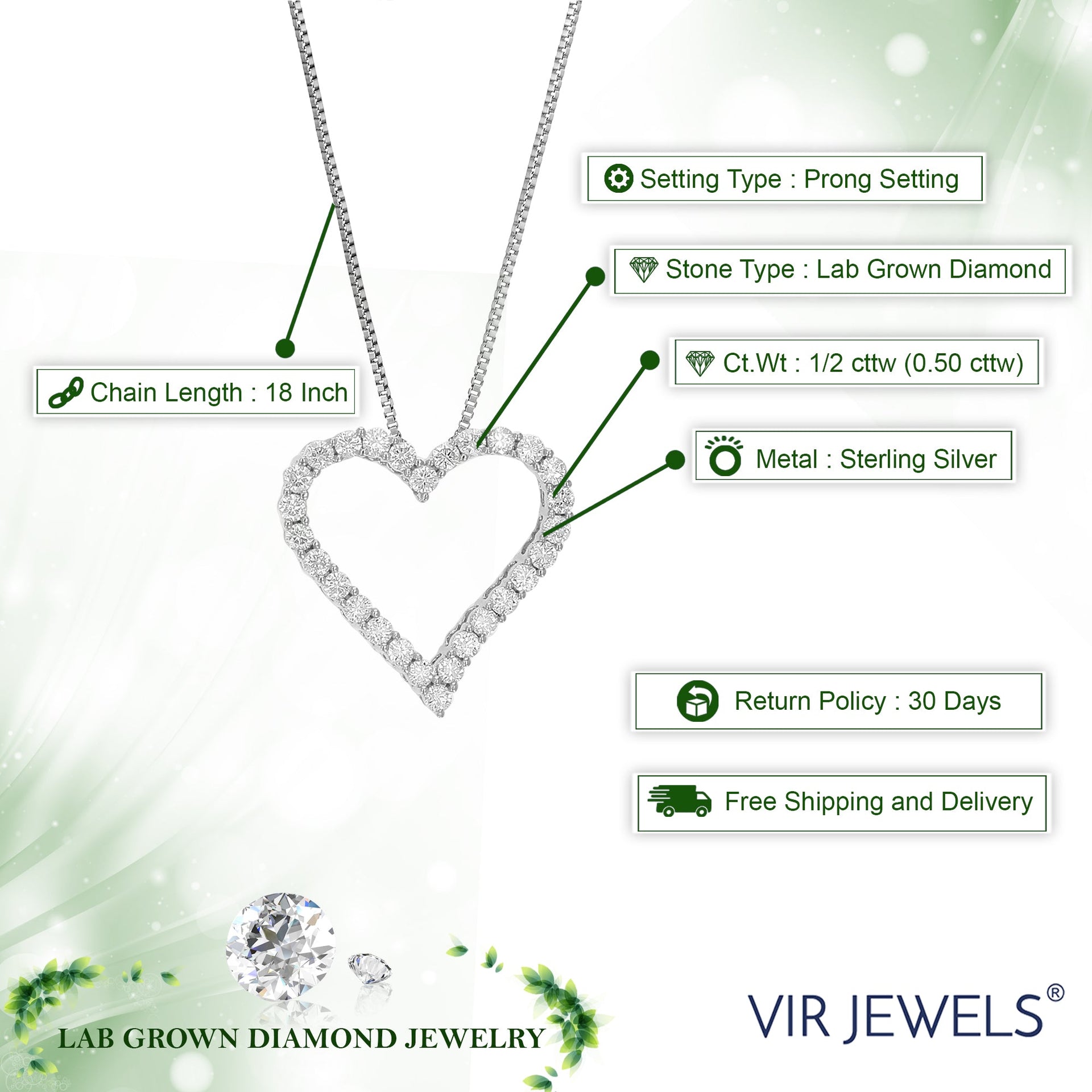 1/2 Cttw Lab Created Diamond Heart Pendant Necklace Sterling Silver 2/3 Inch