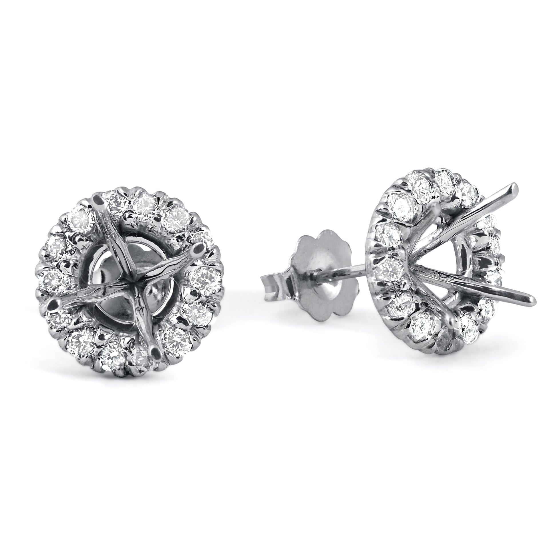 5/8 ct Diamond Halo Studs Mounting Fits 5.5-6.5mm Round Stones 14k White Gold