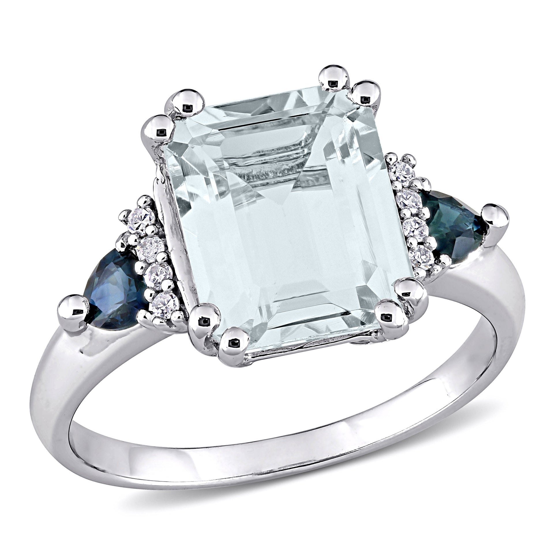 3 1/3ct TW Ice Aquamarine and Sapphire and Diamond-Accent Cocktail Ring in Sterling Silver