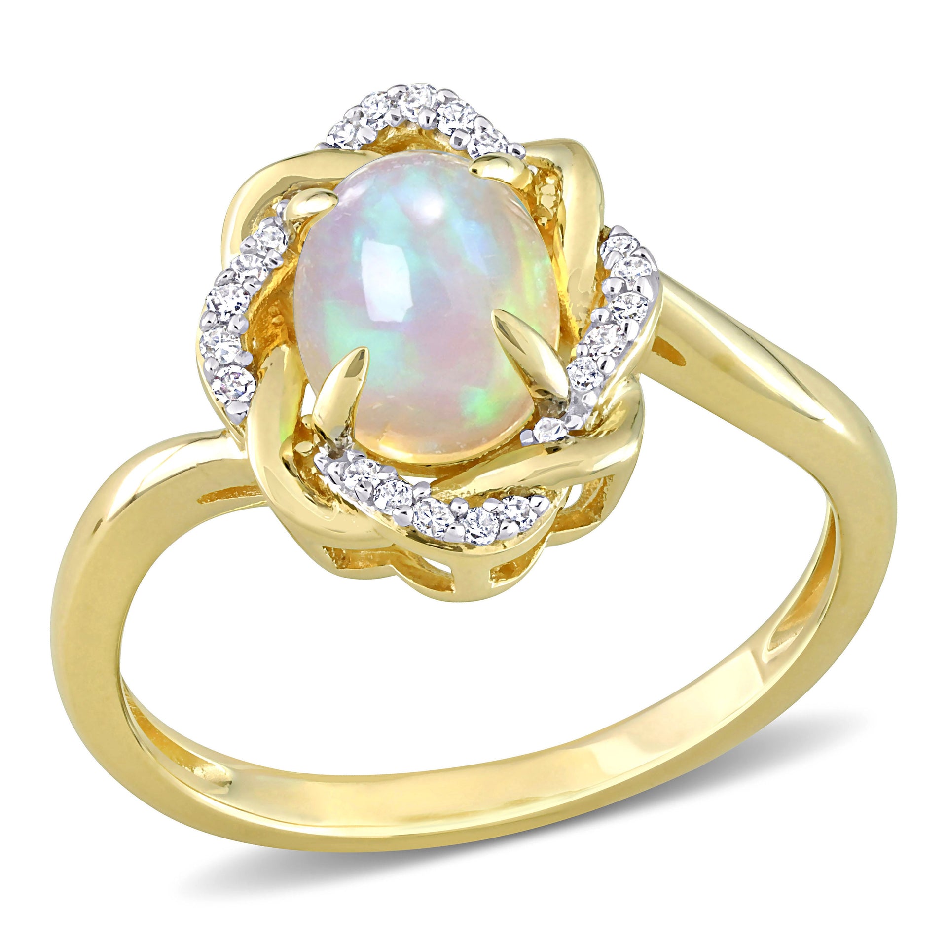 3/4 CT TGW Ethiopian Blue Opal and 1/10 CT TW Diamond Swirl Ring in 10K Yellow Gold