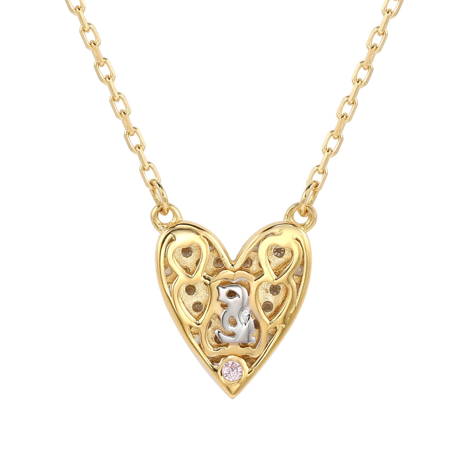 Suzy Levian White Cubic Zirconia Golden Sterling Silver Heart Necklace