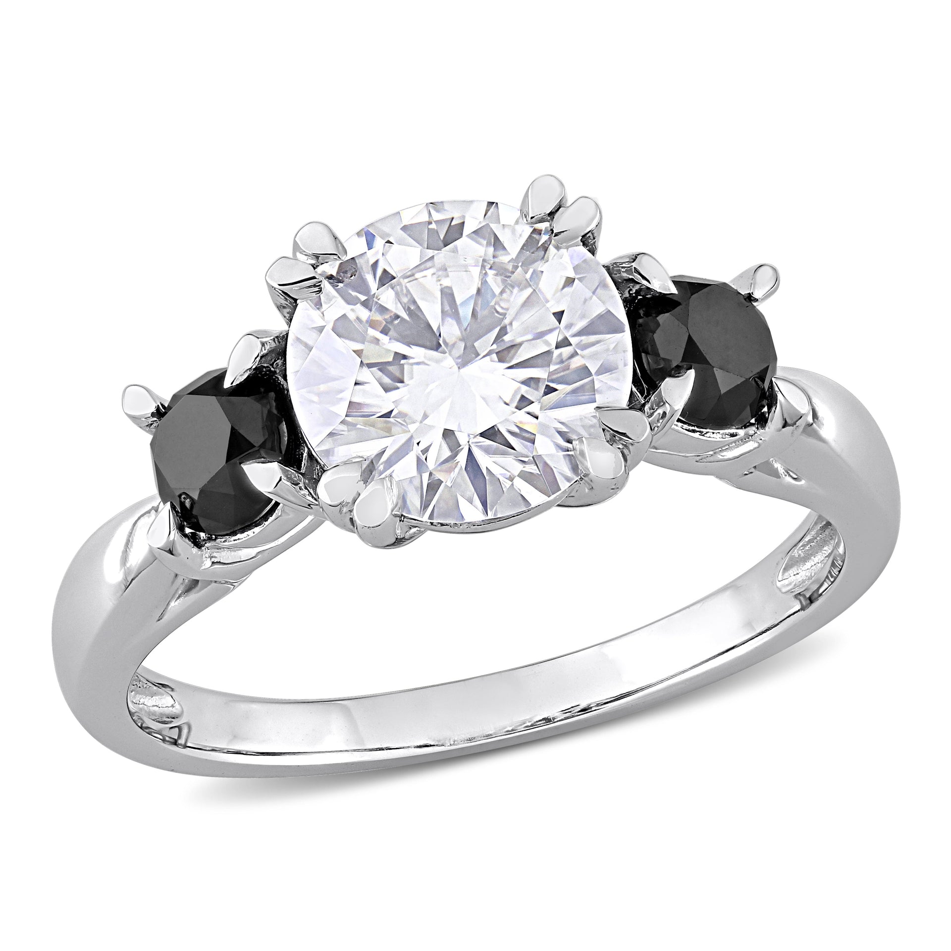2 ct DEW Created Moissanite and 3/4 ct TDW Black Diamond 3-Stone Engagement Ring in 10k White Gold