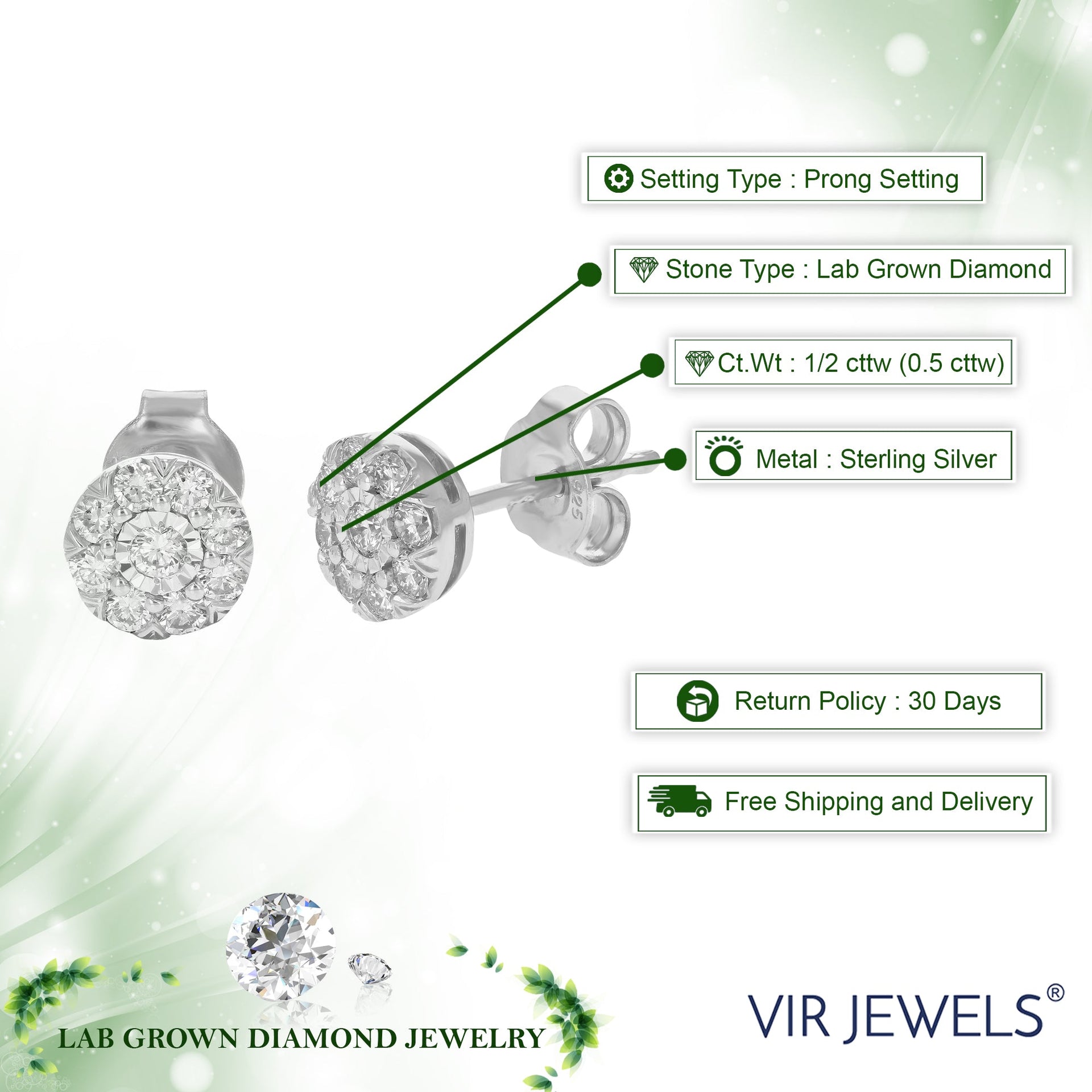 Round Cut 1/2 cttw Lab Grown Diamond Stud Earrings .925 Sterling Silver Prong Set