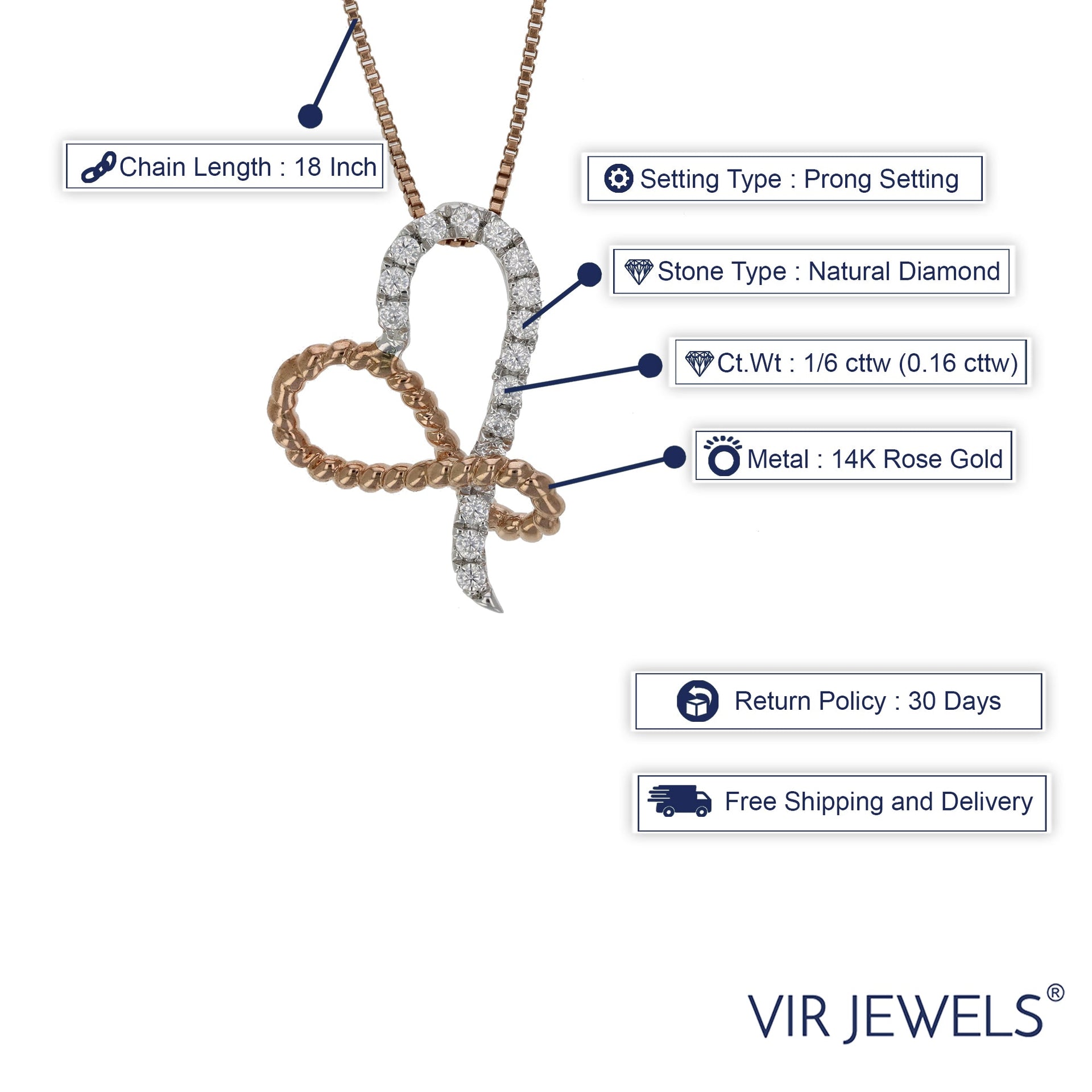 1/6 cttw Diamond Pendant, Diamond Heart Pendant Necklace for Women in 14K White and Rose Gold with 18 Inch Chain, Prong Setting