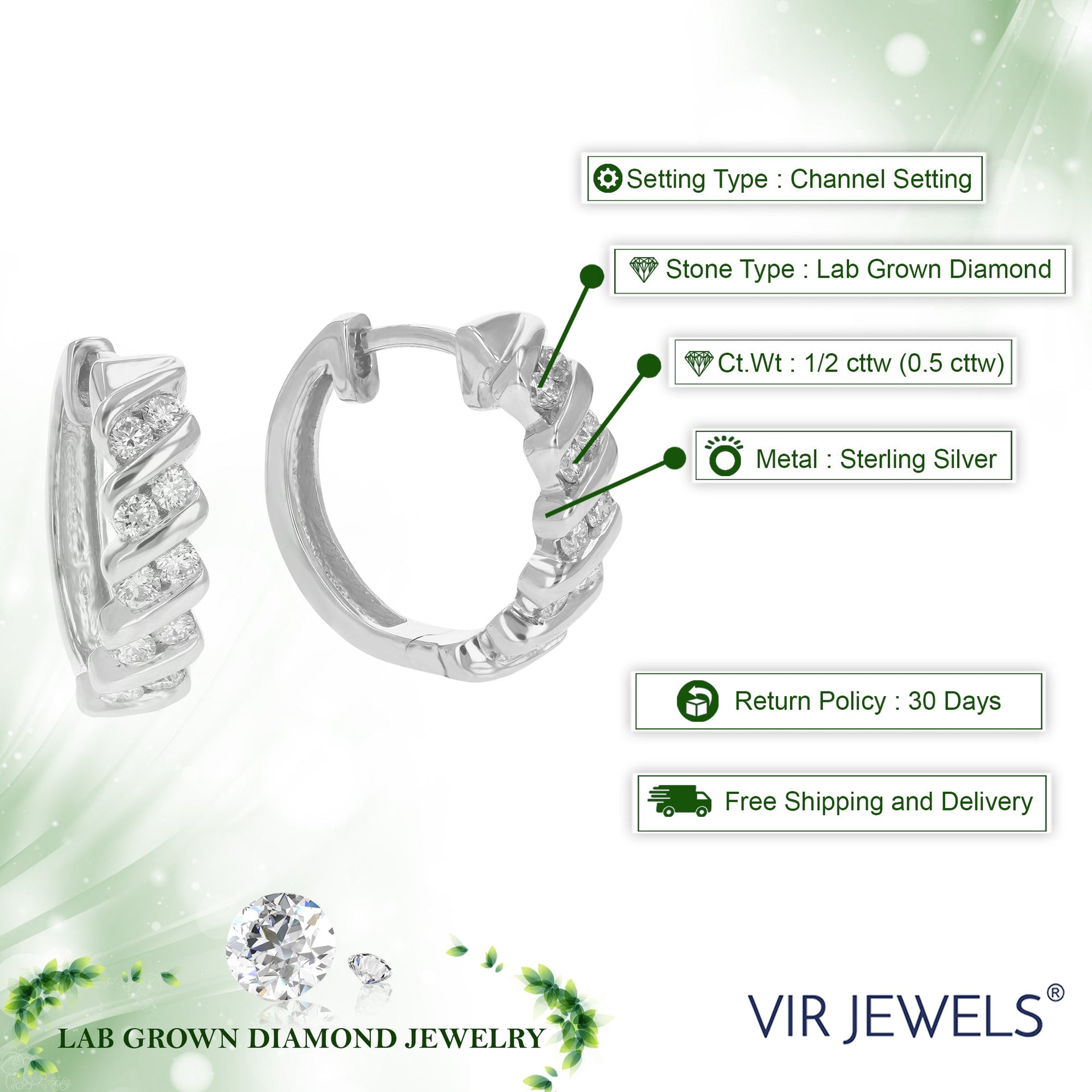 1/2 cttw Round Cut Lab Grown Diamond Hoop Earrings Made with .925 Sterling Silver Channel Setting 2/3 Inch