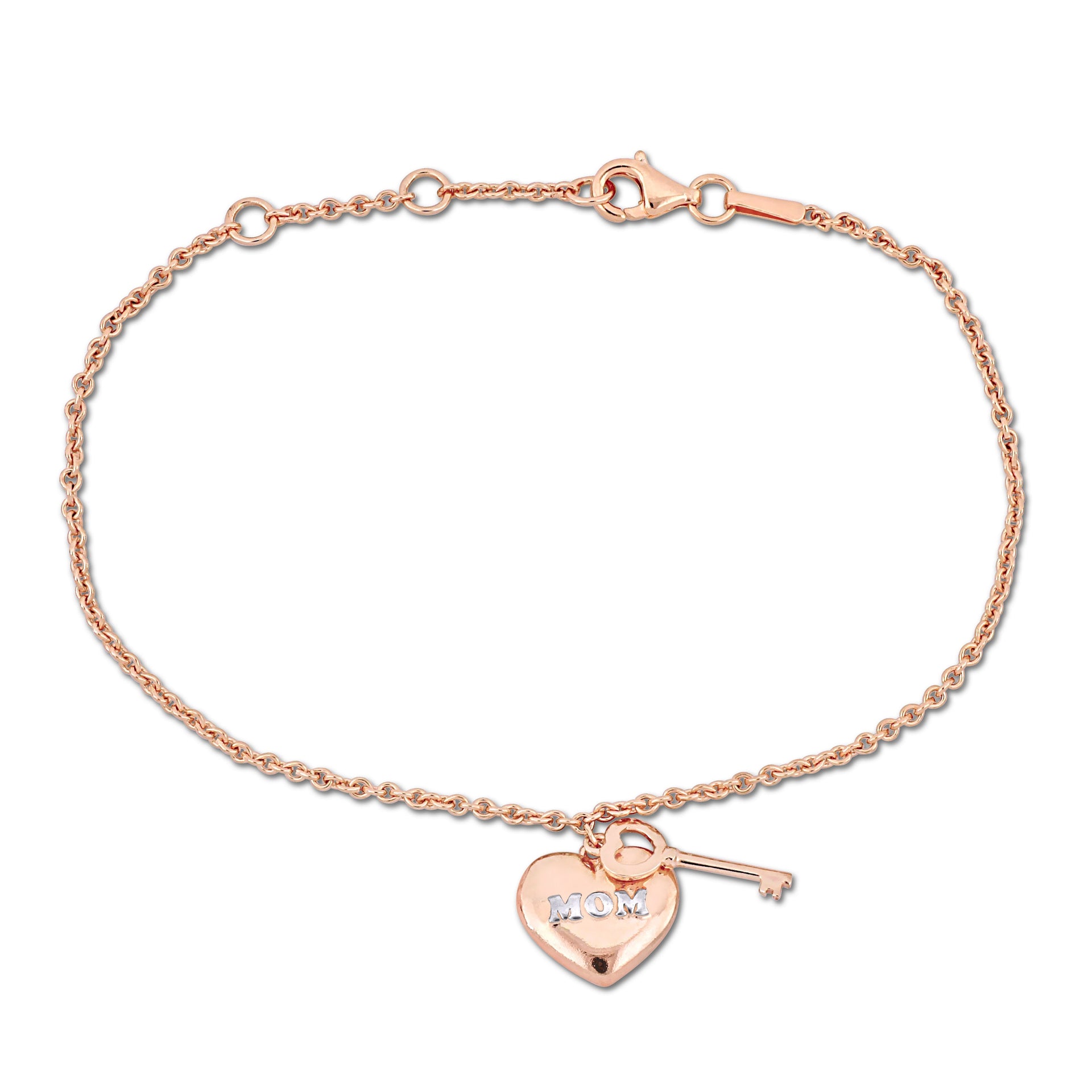Mimi & Max Rose Silver Charm Bracelet w/18K Pink Gold Plated 'Mom' Heart & Key Charm