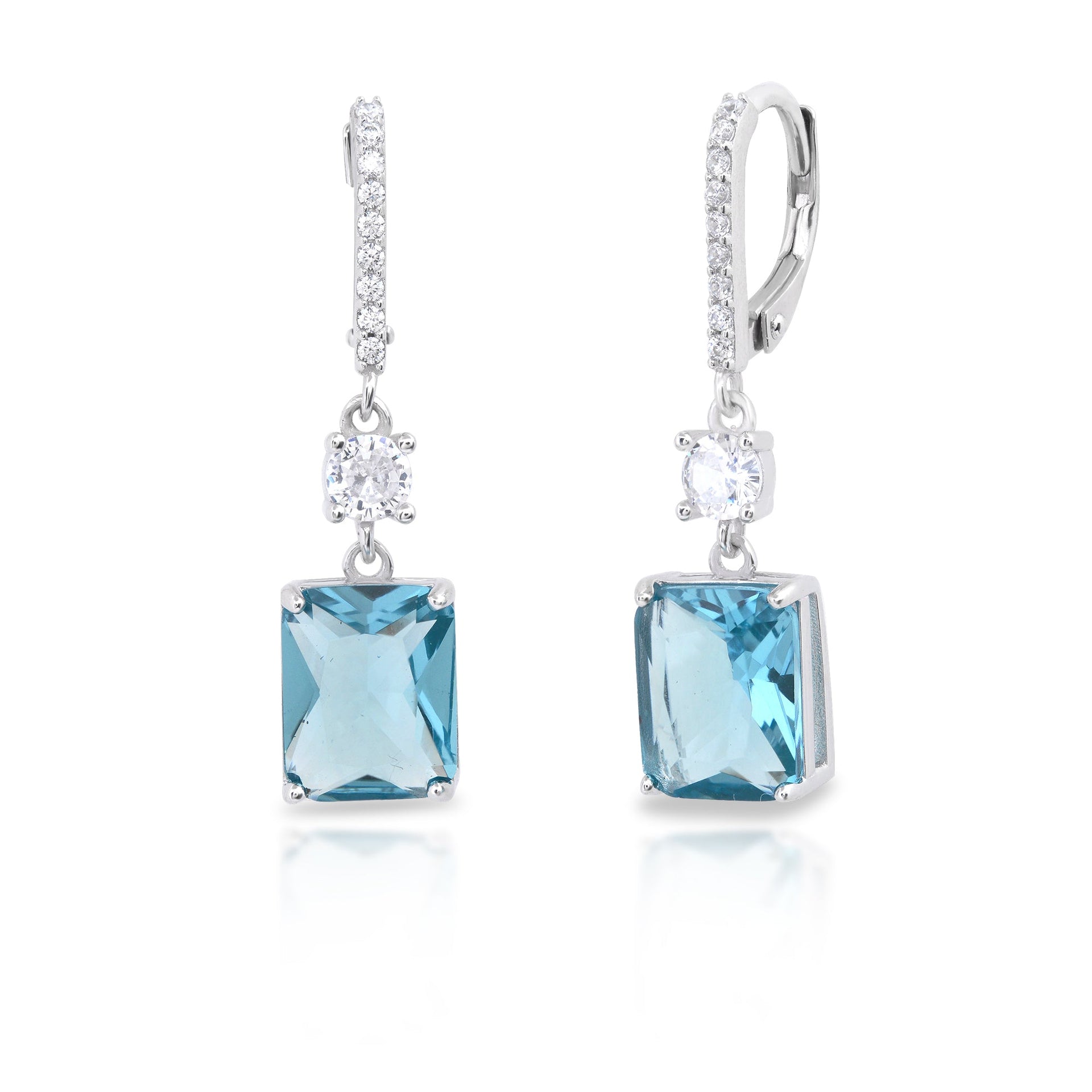 Â Sterling Silver Emerald Cut 8x10MM Simulated Aqua and White Topaz Leverback Earrings
