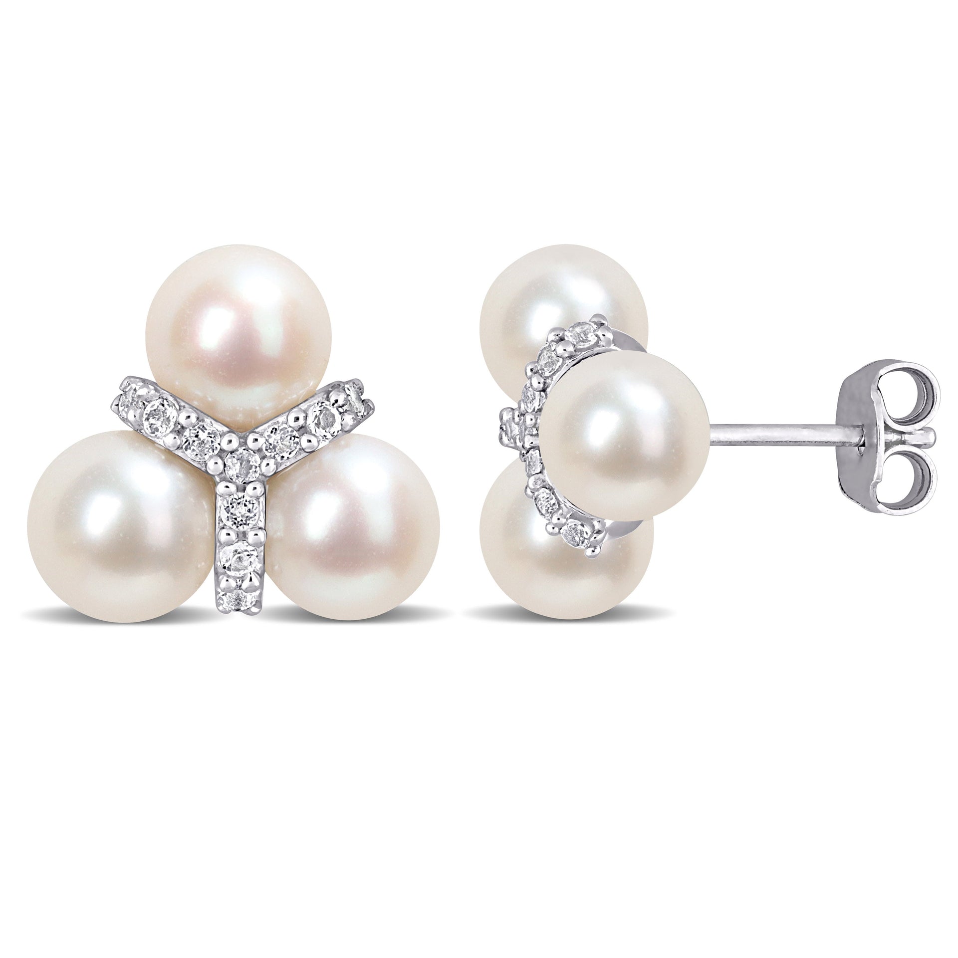 6-6.5mm Cultured Freshwater Pearl and 1/5ct TW White Topaz Floral Stud Earrings in Sterling Silver