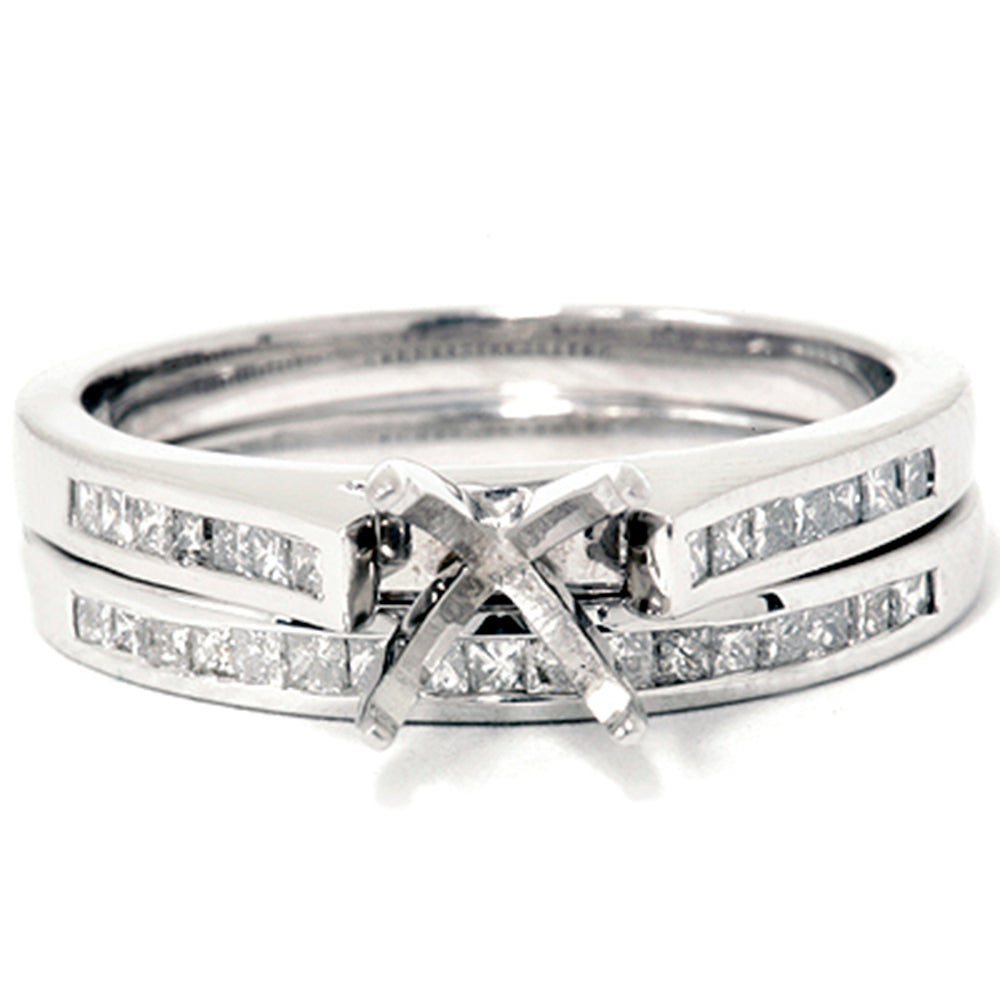 7/8 ct Princess Cut Diamond Semi Mount Engagement Wedding Ring Set 14K White Gold