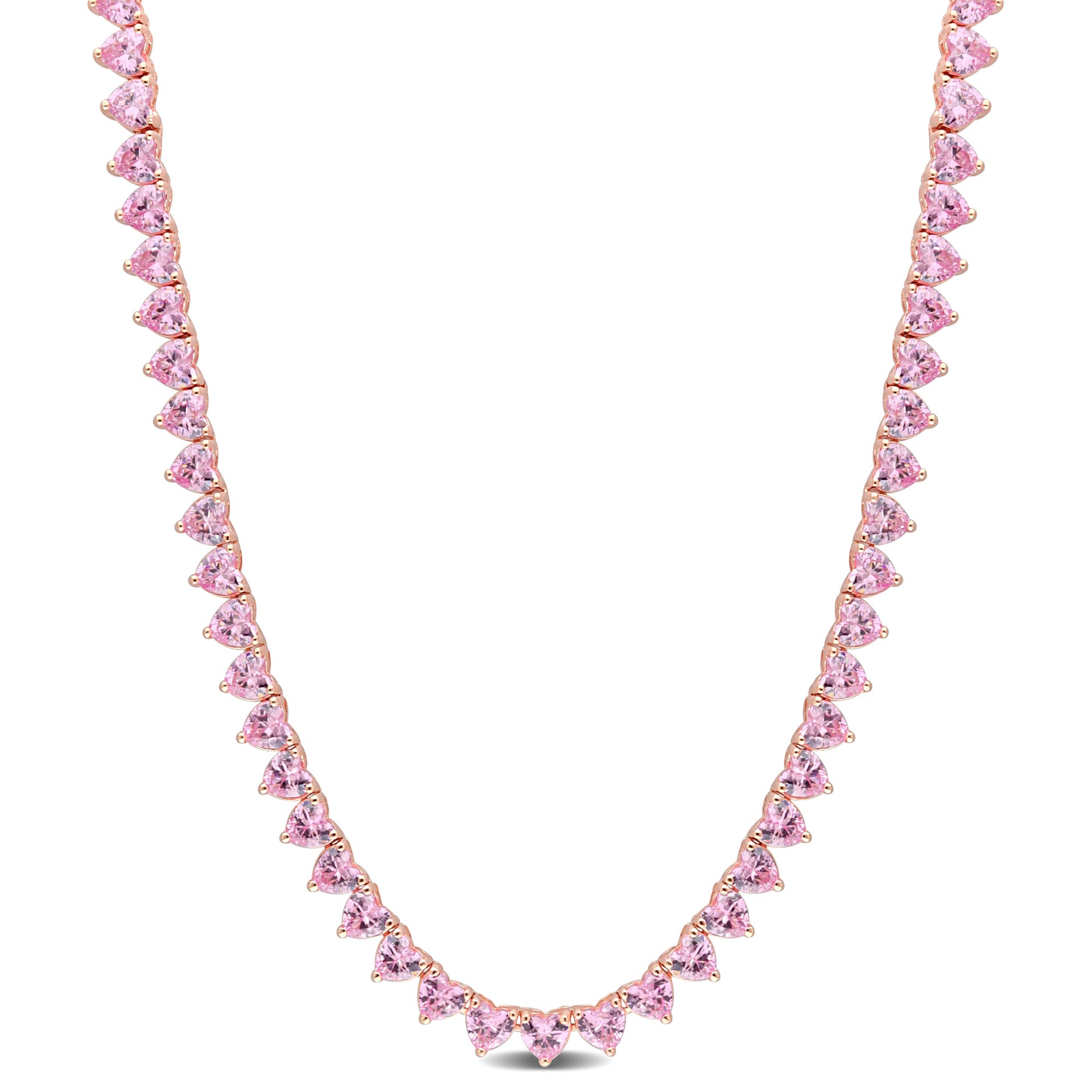 31 1/2 CT TGW Heart Created Pink Sapphire Tennis Necklace in Rose Plated Sterling Silver