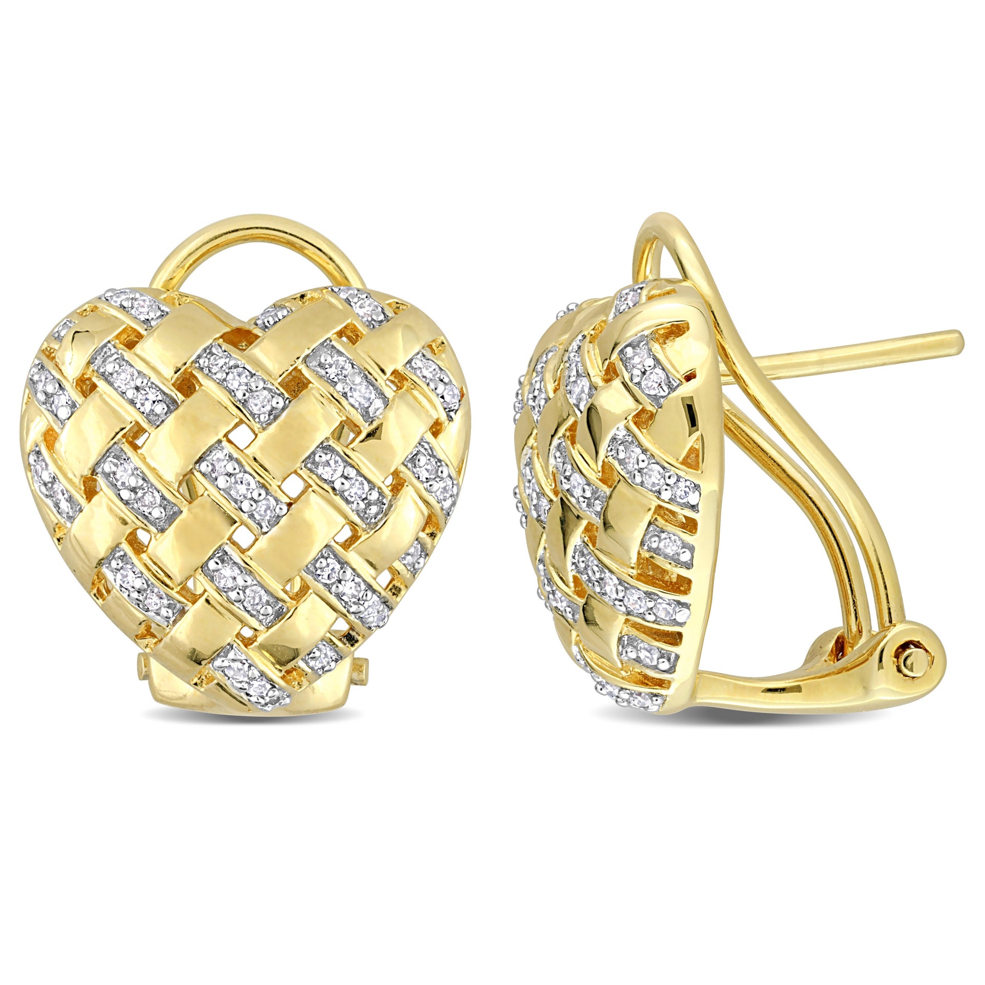 Mimi & Max 1/4ct TDW Diamond Lattice Heart Omega Back Earrings in Yellow Plated Sterling Silver