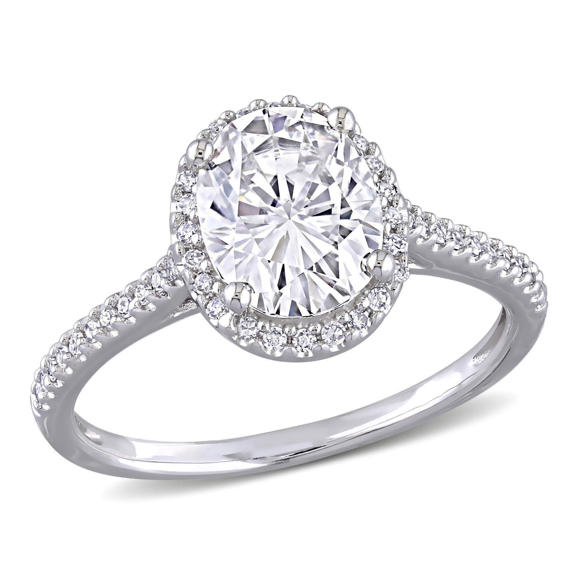 Mimi & Max 2ct DEW Oval Created Moissanite and 1/4ct TW Diamond Double Halo Engagement Ring in 14k White Gold