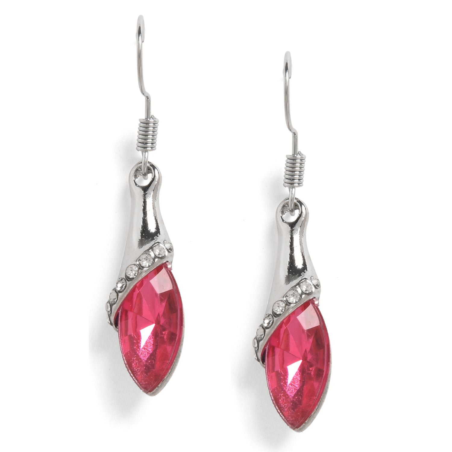 Pink Silver-toned Studded Leaf Shaped Drop Earrings