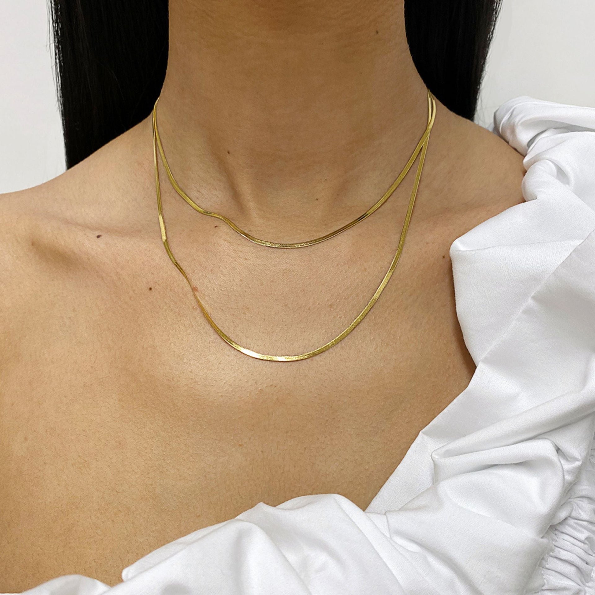 Tarnish Resistant 14k Gold Plated Double Herringbone Chain Necklace