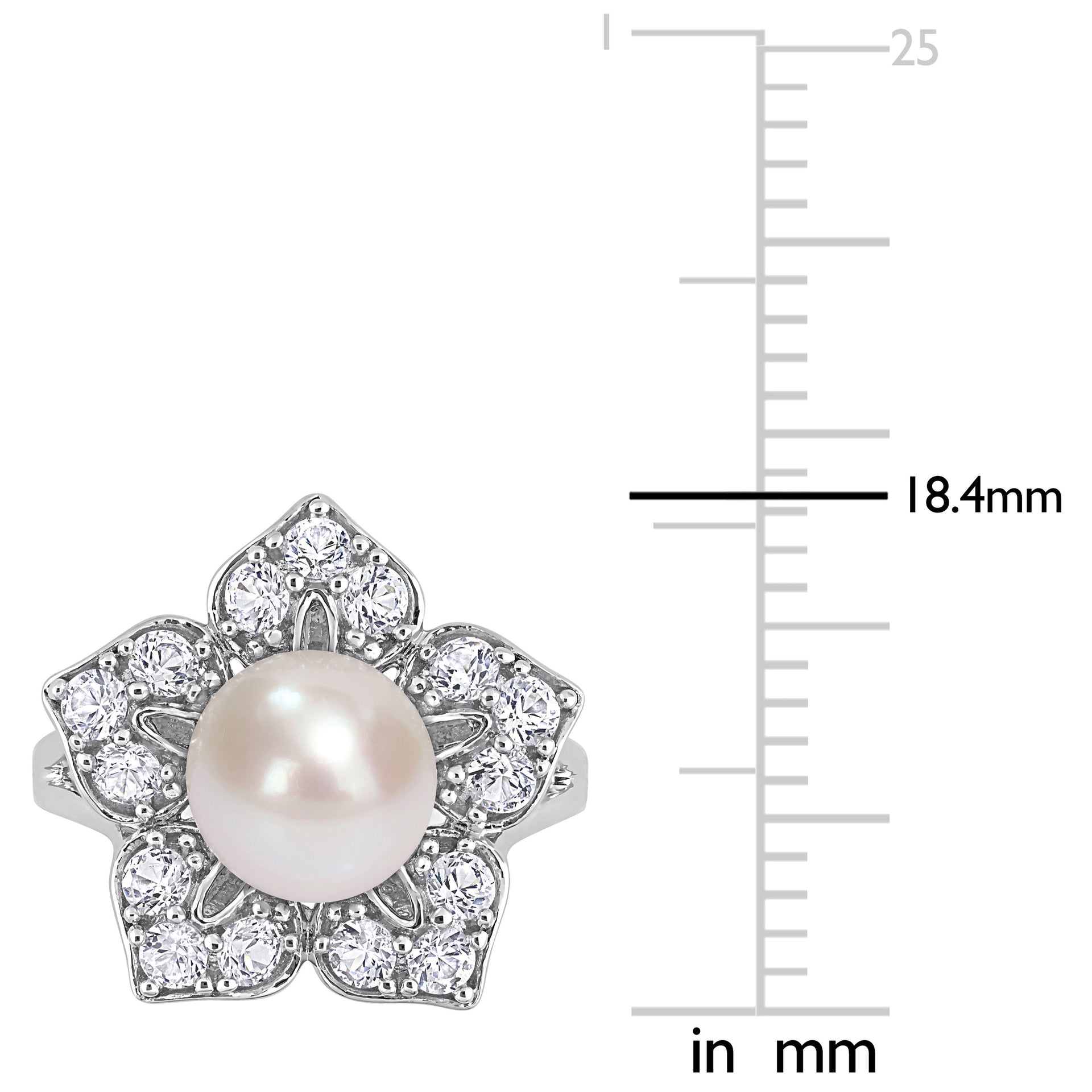 8.5-9 MM Freshwater Cultured Pearl and 1 1/3 CT TGW Created White Sapphire Floral Pearl Ring in Sterling Silver