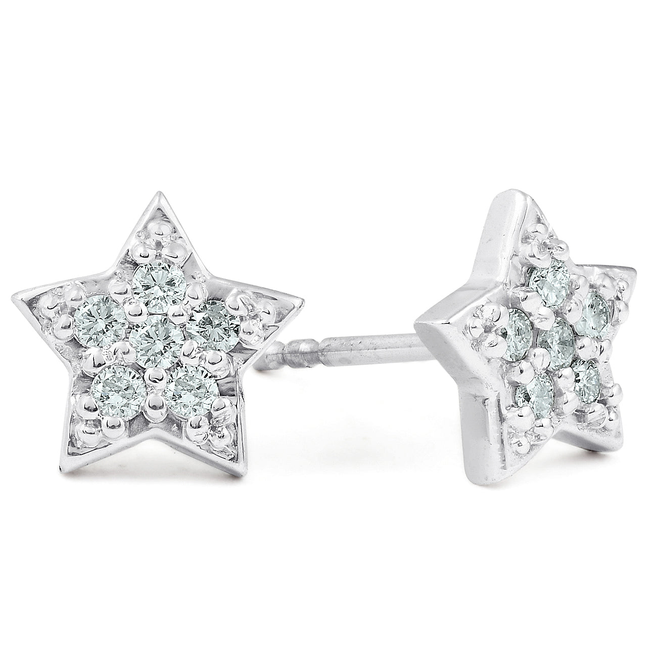 14K White Gold Diamond Pave Petite Star Studs Dainty High Polished 6.5MM