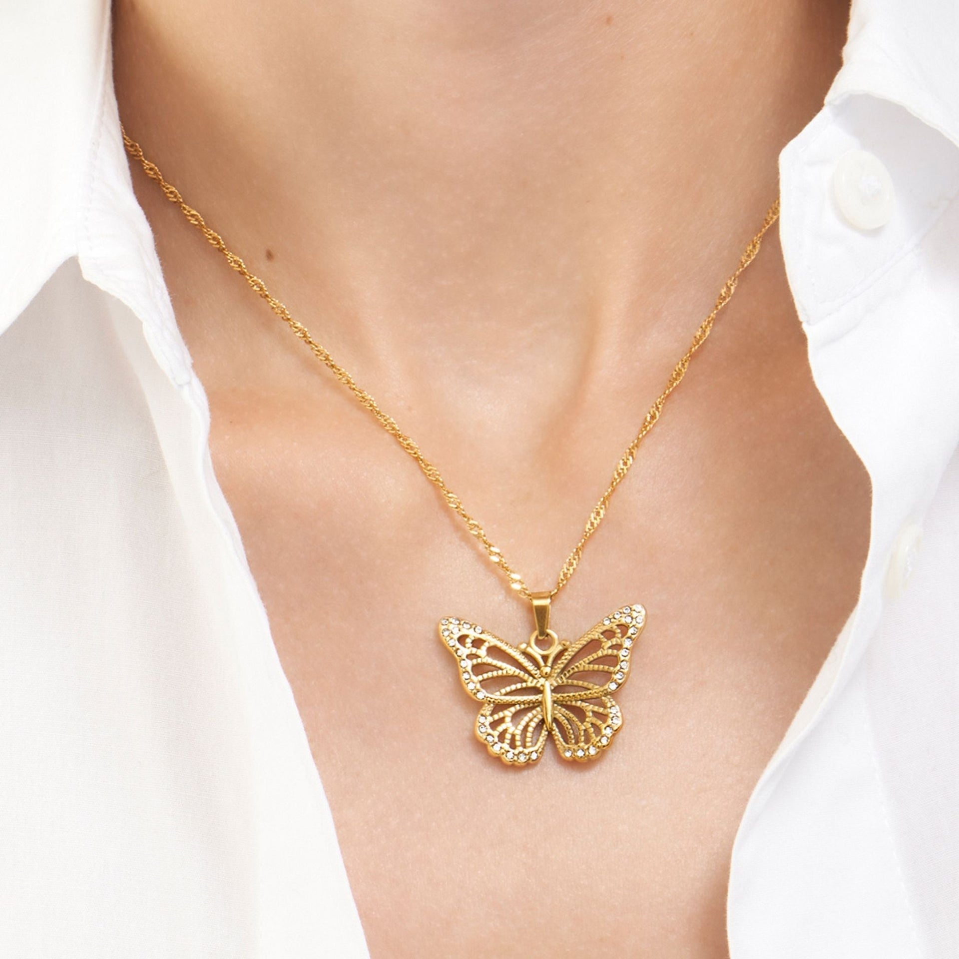Tarnish Resistant 14k Gold Plated Pave Butterfly Necklace