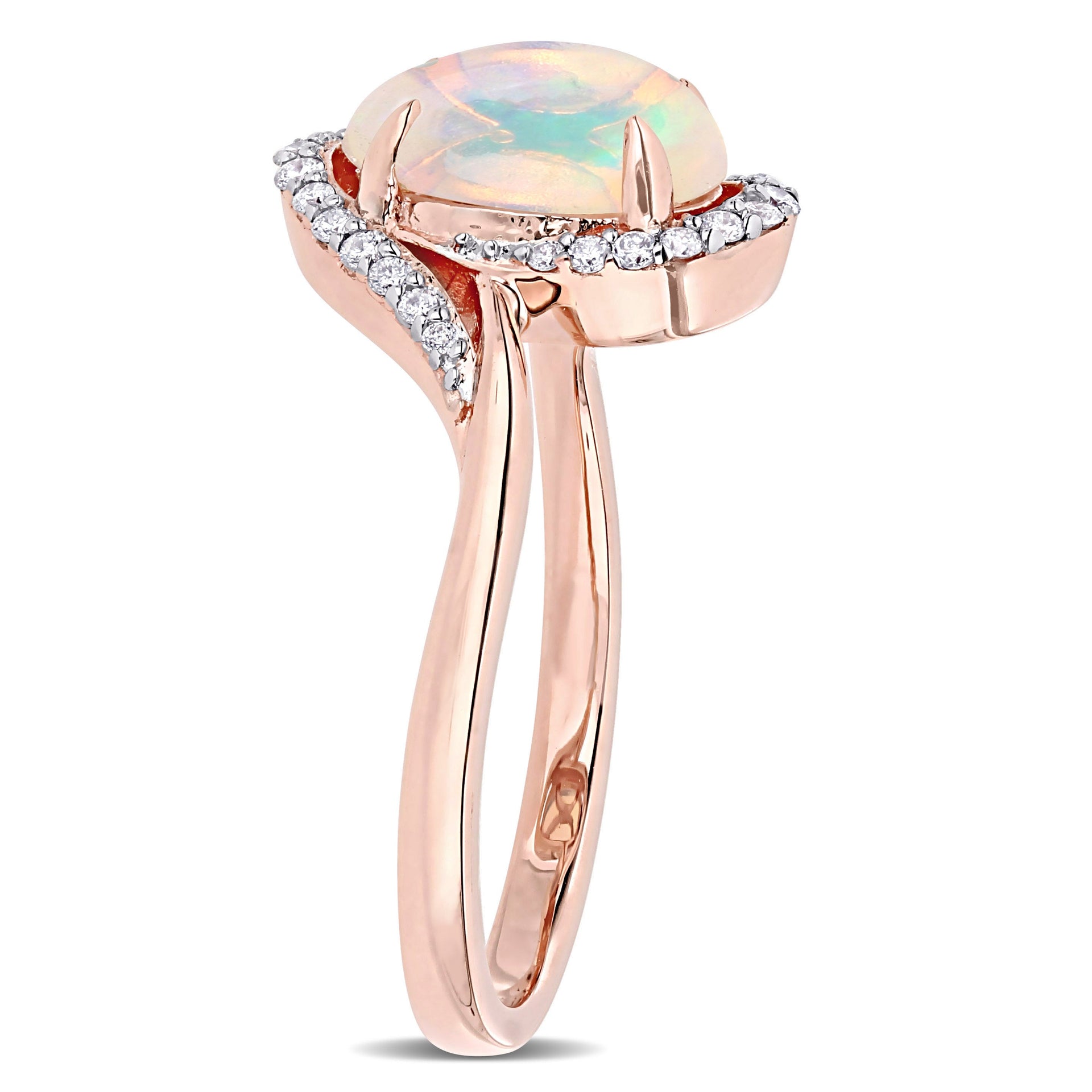 1 CT TGW Ethiopian Blue Opal and 1/7 CT TW Diamond Oval Halo Twist Ring in 10K Rose Gold