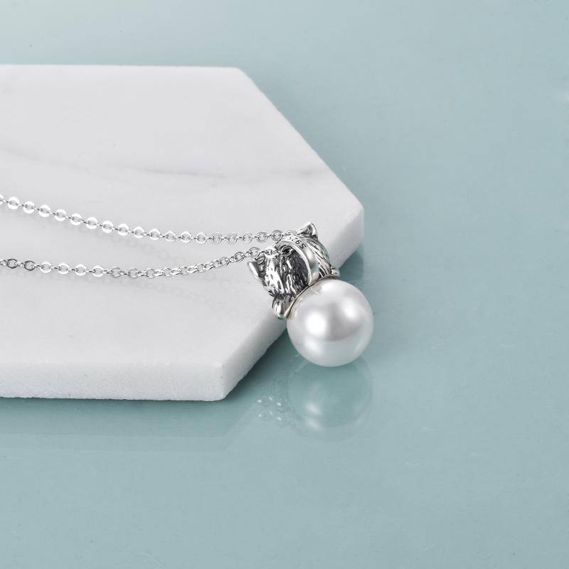 Sterling Silver Pearl Cat Necklace for Women
